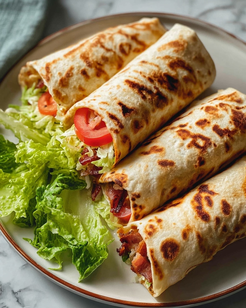 Three grilled tortillas wrapped into thick burritos lay on a white plate with a thin brown edge, each burrito showing a textured, golden-brown surface with dark grill spots. The burritos are filled with visible layers including red tomato slices, crispy dark brown bacon pieces, and shredded green lettuce, peeking from one open end. Bright green leafy lettuce sits on the plate beside the burritos, adding a fresh contrast. The setting has a white marbled background partially visible, and soft natural light highlights the textures and colors. Photo taken with an iphone --ar 4:5 --v 7