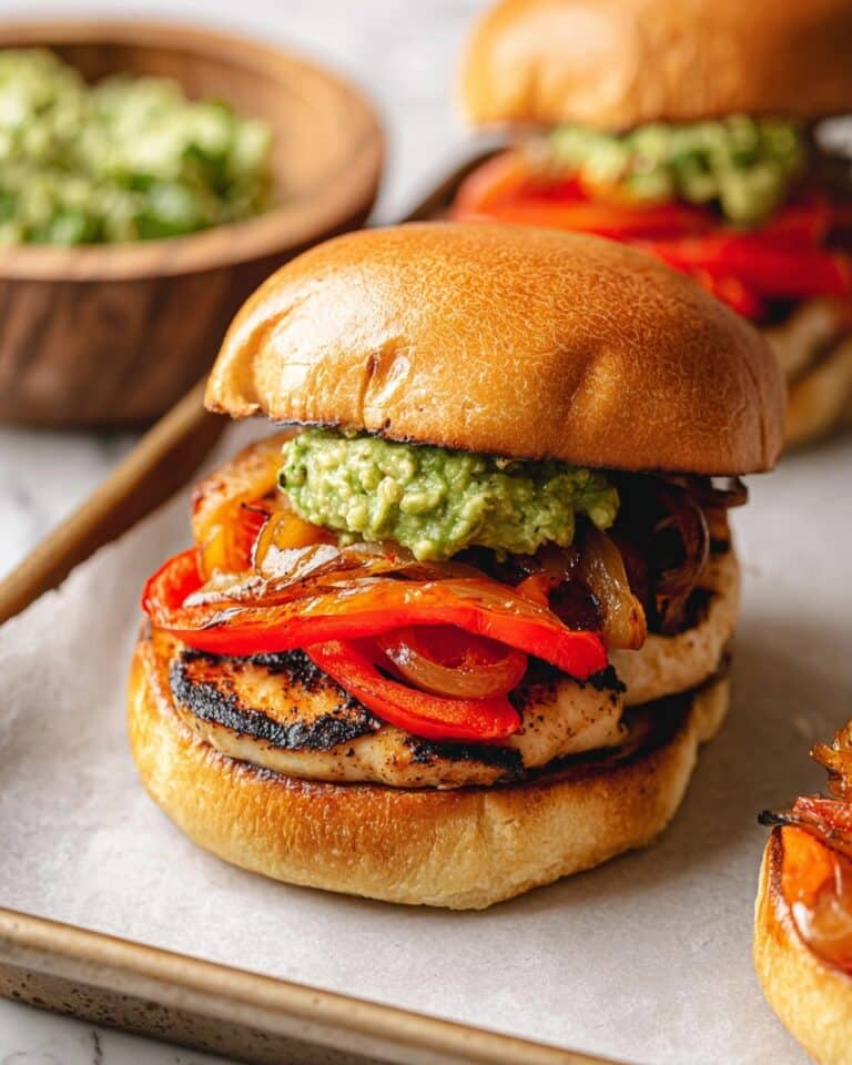 Chicken Fajita Burgers with Guacamole and Sautéed Peppers Recipe