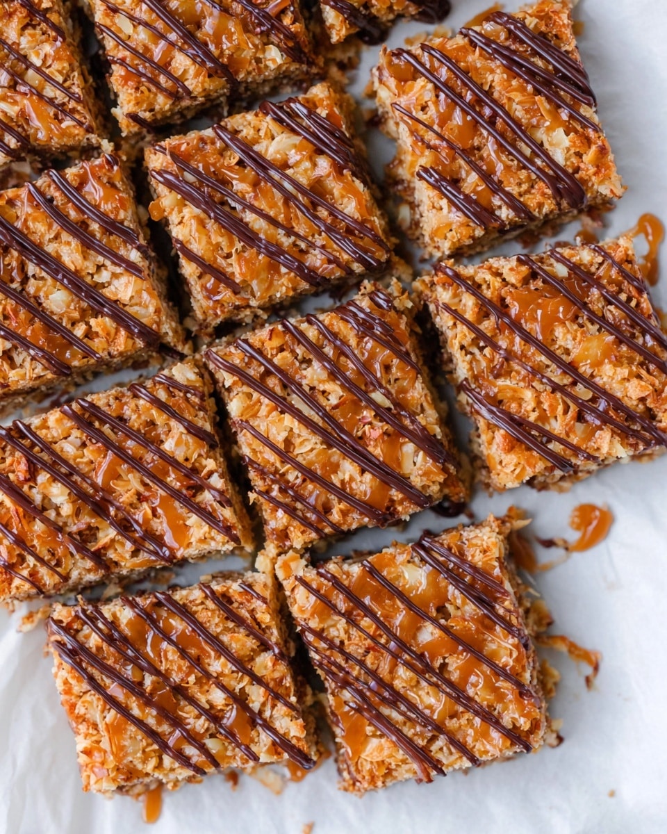 The image shows a batch of 12 square baked bars arranged closely together on white parchment paper over a white marbled surface. Each bar has a textured top layer made of golden brown toasted coconut flakes mixed with a sticky caramel glaze, giving it a shiny and slightly crunchy look. Thin, dark chocolate lines are drizzled diagonally across the top of each bar, adding contrast and visual interest. The edges of the bars are slightly uneven, with some caramel sauce pooling around the base on the parchment paper. photo taken with an iphone --ar 4:5 --v 7