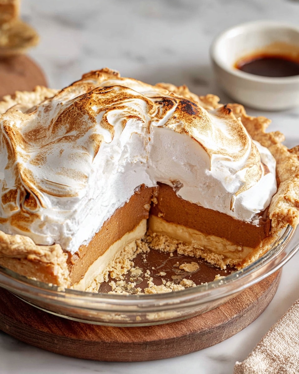 The image shows a pie with three visible layers sitting in a clear pie dish on a wooden board, placed on a white marbled surface. The bottom layer is a light golden flaky crust with a slightly crumbled edge. The middle layer is thick and smooth, with a warm brown color, resembling a pumpkin filling. The top layer is fluffy and white, likely whipped cream, with swirls and caramelized brown spots toasted on the surface. A slice is missing, revealing the layers clearly. In the background, part of a small white bowl with a dark sauce is visible. Photo taken with an iphone --ar 4:5 --v 7