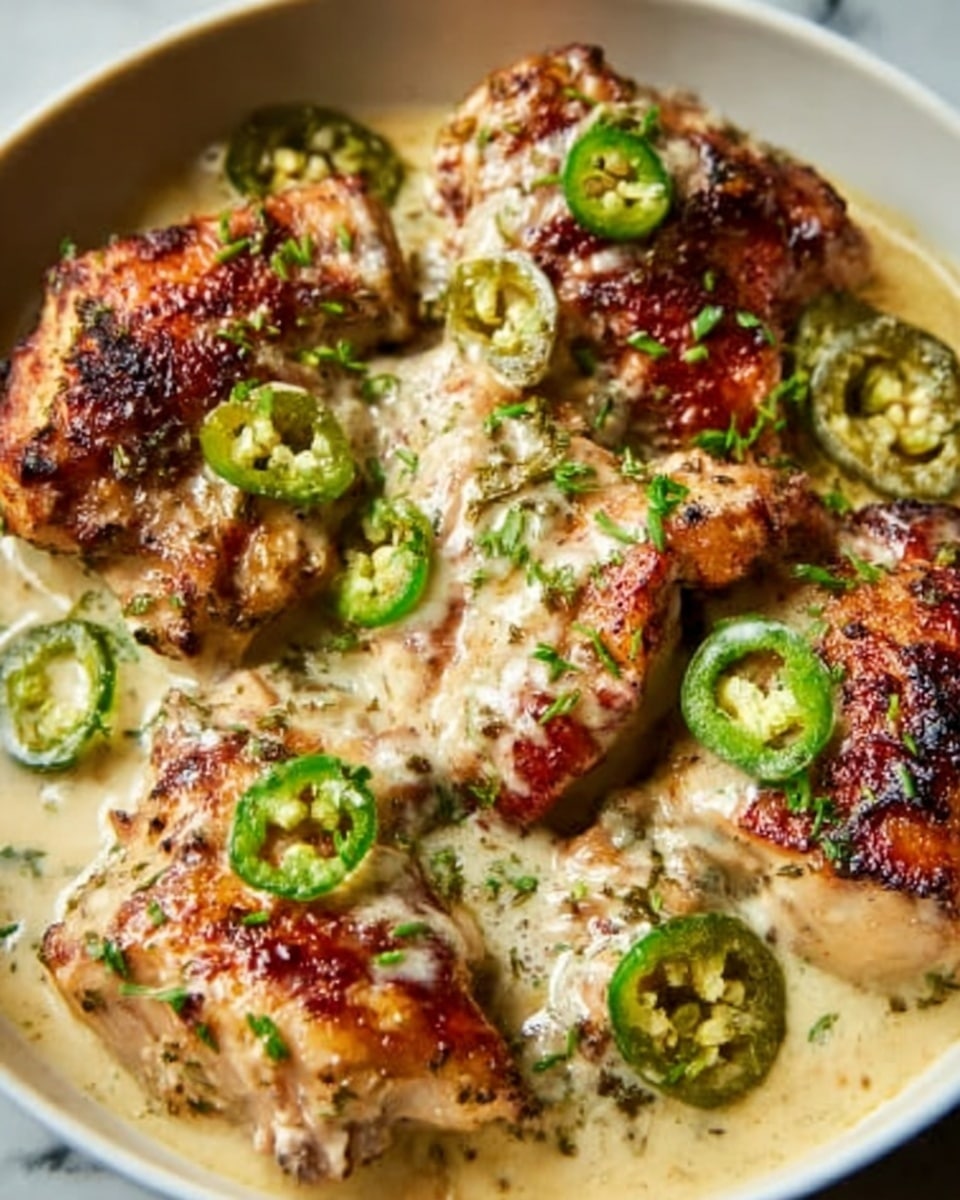 The image shows a white bowl filled with pieces of grilled chicken that have crispy golden-brown skin. The chicken pieces are partially covered in a creamy sauce that is light beige with green slices of jalapeño peppers scattered on top. The sauce has a smooth texture and pools around the chicken, with a sprinkle of herbs adding a light green speckled detail. The white bowl sits on a surface with a white marbled texture. Photo taken with an iphone --ar 4:5 --v 7