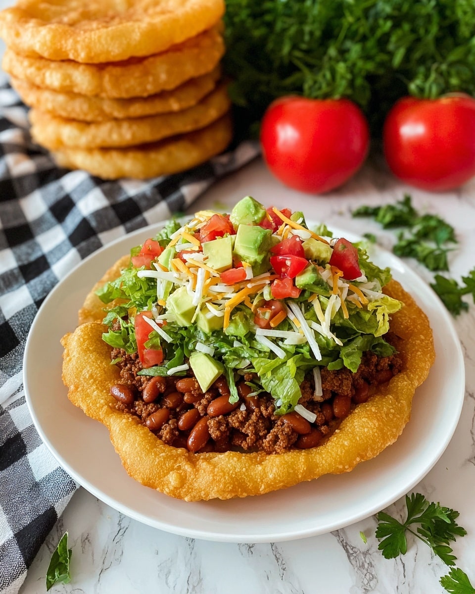 A white plate holds a single taco salad with four visible layers: the base is a golden-brown, crispy fried bread with a puffed and slightly uneven surface; on top lies a deep reddish-brown layer of cooked beans; above that is a crumbled ground meat layer with a glossy texture; the next layer is fresh green lettuce mixed with diced red tomatoes and chunks of bright green avocado; the topmost layer is scattered shredded cheese in white and light yellow, completing the colorful stack. In the background, a stack of the same fried breads stands tall on a white marbled surface beside two red tomatoes and a bunch of fresh green parsley with a black-and-white checkered cloth nearby. Photo taken with an iphone --ar 4:5 --v 7