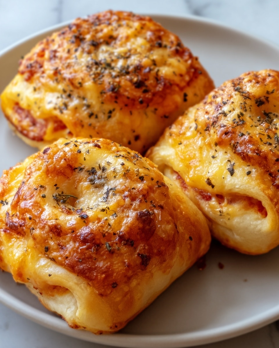 Three golden-brown baked pastries with a crispy, bubbly cheese topping speckled with black pepper and herbs, each piece showing a soft, slightly puffed dough that wraps a visible layer of melted cheese and tomato sauce inside. The pastries are arranged closely together on a white plate placed on a white marbled surface, giving a warm, fresh-out-of-the-oven look. photo taken with an iphone --ar 4:5 --v 7