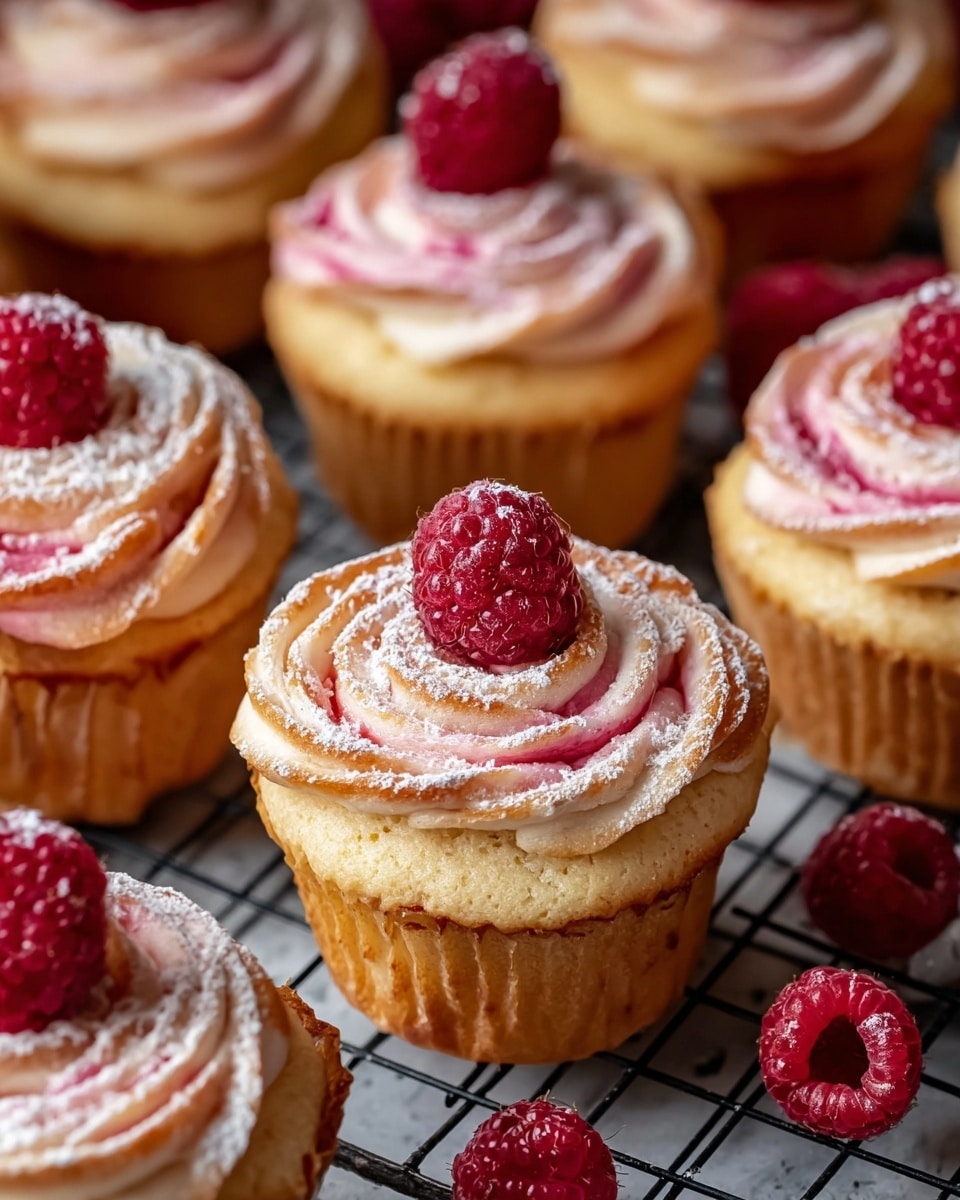 The image shows several raspberry swirl cupcakes arranged closely on a black cooling rack over a white marbled texture. Each cupcake has a golden-brown base layer with a soft, fluffy texture and a spiral top layer made of light pink and slightly caramelized dough twisted in a rose shape. The tops of the cupcakes are topped with one or two fresh, bright red raspberries with a slightly rough texture. A light dusting of powdered sugar gently covers each swirl, adding a soft white contrast to the warm tones. Scattered fresh raspberries surround the cupcakes, adding pops of red against the neutral background. photo taken with an iphone --ar 4:5 --v 7