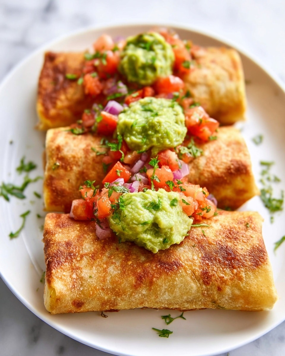 Three golden-brown burritos are neatly placed in a row on a white plate set on a white marbled surface. Each burrito has a crispy, slightly textured outer tortilla layer, folded tightly with visible browning spots. On top of each burrito, there is a generous dollop of bright green, creamy guacamole, followed by a small heap of fresh pico de gallo made of red diced tomatoes, small bits of purple onion, and flecks of green herbs. The burritos are arranged so that the closest one is in sharp focus, while the others softly blur into the background. photo taken with an iphone --ar 4:5 --v 7