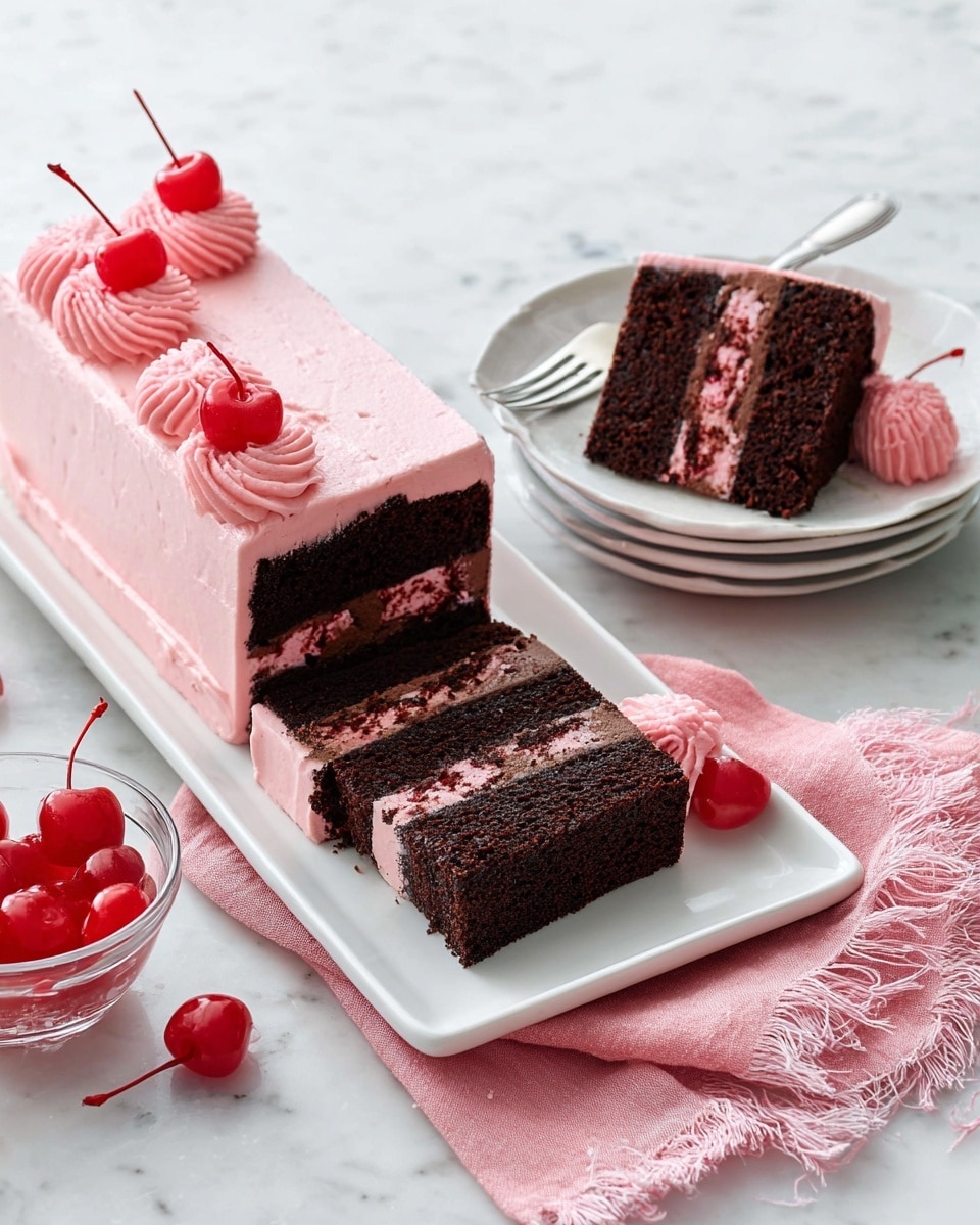 The image shows a rectangular cake with three visible layers on a white rectangular plate: a top dark chocolate cake layer, a middle lighter chocolate frosting layer, and a bottom dark chocolate cake layer. The cake is covered with smooth pink frosting with swirled texture on the sides and top. One large slice is cut from the cake, showing the layers clearly, and decorated with two pink rosettes and a bright red cherry on top. There is another smaller slice on a white round plate with a silver fork, showing the same layers and pink frosting on the sides. Nearby, a small clear bowl filled with shiny red cherries sits on a white marbled surface, along with a few loose cherries scattered around. A pink cloth with frayed edges is partially visible to the right side. Photo taken with an iphone --ar 4:5 --v 7