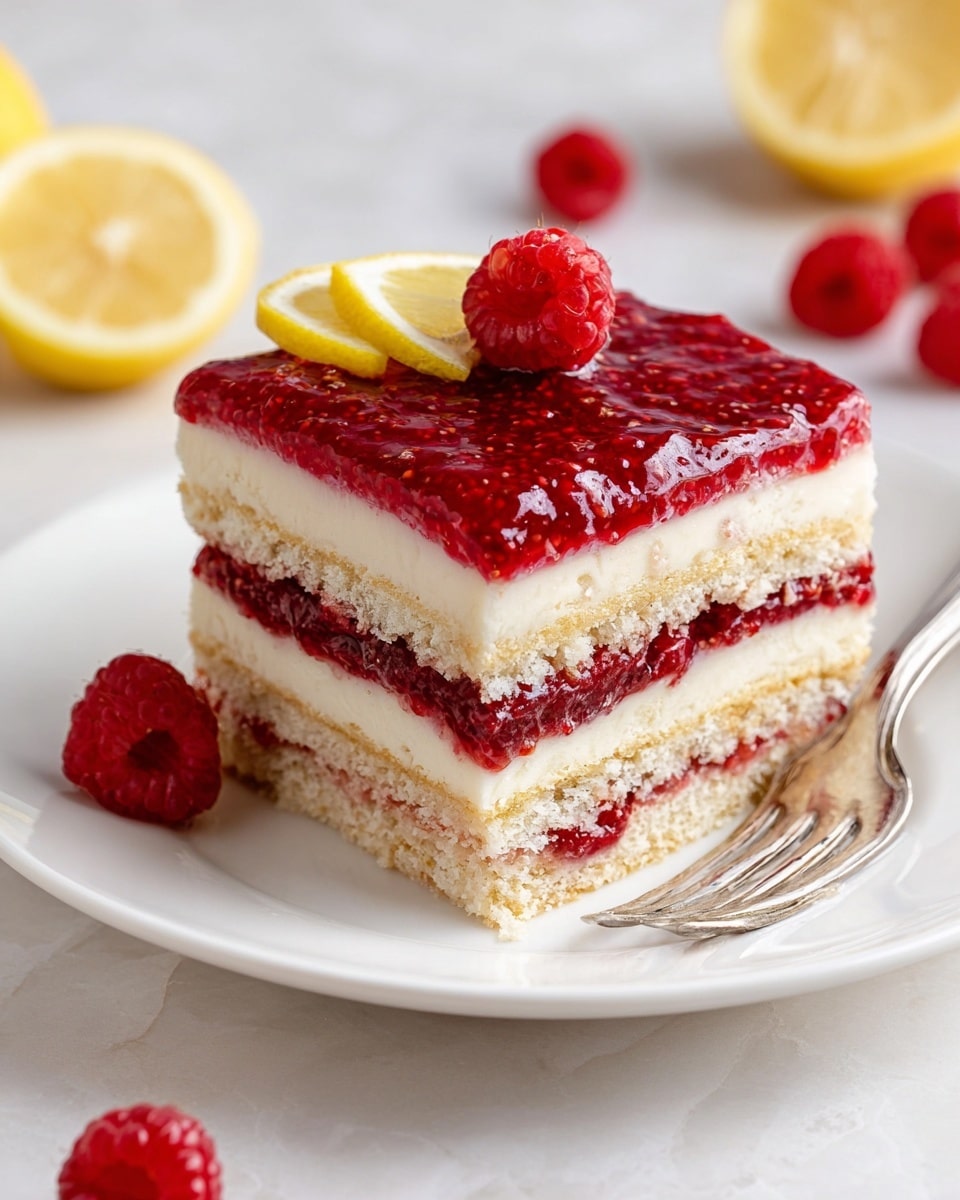 A square layered dessert with four visible layers sits on a white plate against a white marbled texture. The bottom and third layers are light beige cake. Between the cake layers are two thick creamy white layers. Between each creamy layer and cake layer is a bright, textured red raspberry jam layer. The top is covered with a thick, glossy raspberry jam layer that looks slightly bumpy. On the top left corner of the dessert, there is one fresh raspberry and a thin lemon slice placed side by side. A fork rests beside the plate, and fresh raspberries and lemon slices are scattered around on the white marbled surface. Photo taken with an iphone --ar 4:5 --v 7