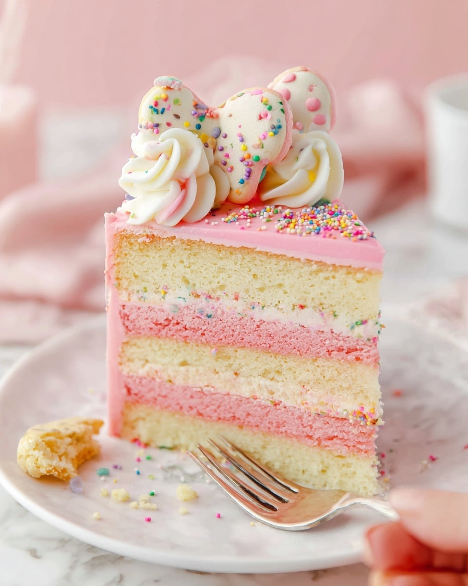 A slice of layered cake is shown on a white plate placed on a white marbled surface, with a silver fork beside it. The cake has four visible layers, alternating between pink and light yellow sponge with a thin layer of white cream separating each sponge. The top of the cake is covered with smooth pink icing, decorated with small colorful round sprinkles. On top, two swirls of white frosting hold two animal-shaped cookies covered in white and pink icing with colorful sprinkles. There are some sprinkles and a small cookie piece on the plate near the cake. The background is soft pink, and a woman's hand is blurred in the background. photo taken with an iphone --ar 4:5 --v 7