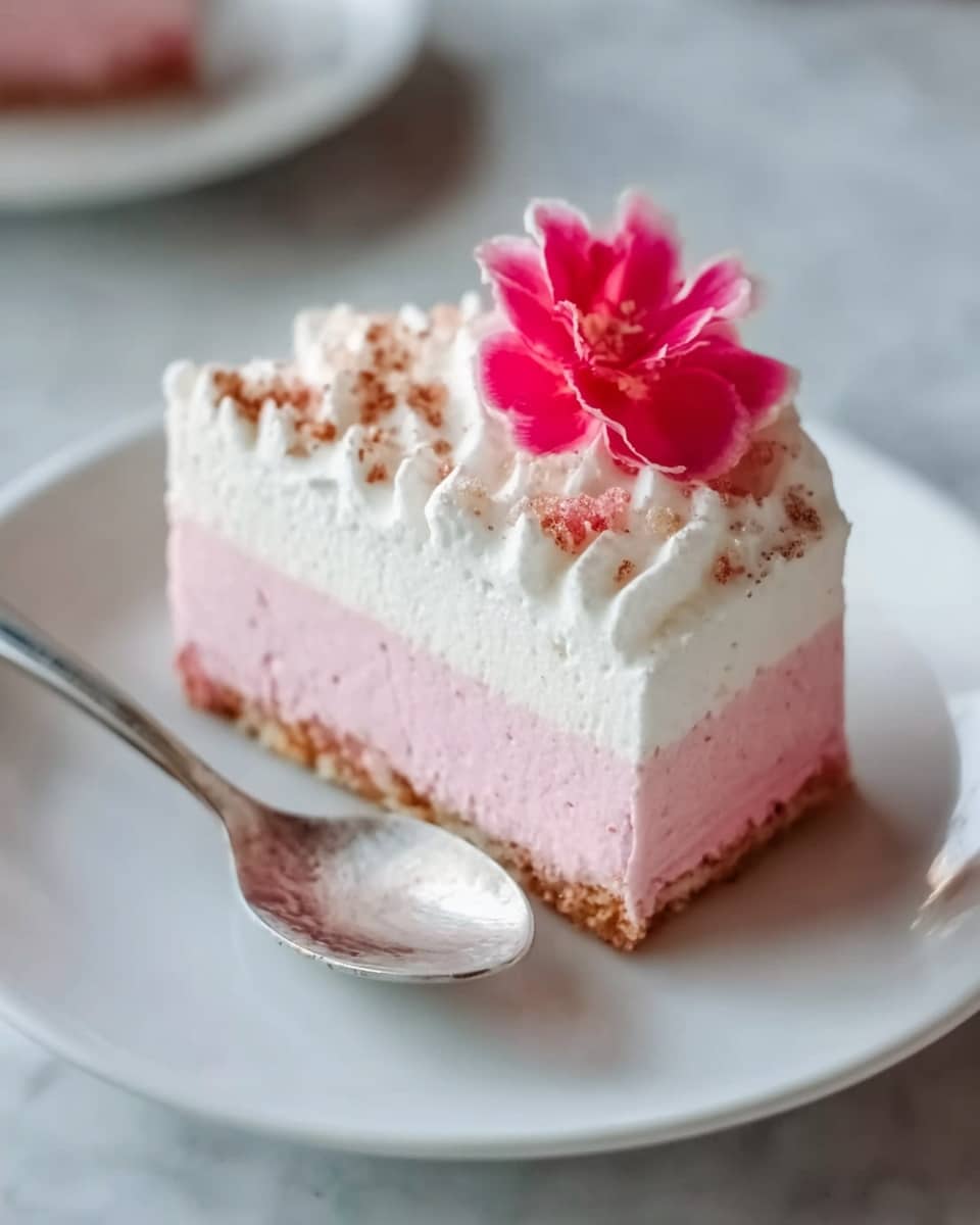 A slice of dessert with three clear layers on a white plate: the bottom layer is thin and light brown, looking crumbly like a cookie crust; the middle layer is thick and smooth, pale pink in color, resembling a mousse or cream; the top layer is white, fluffy, and creamy with small brown crumbs sprinkled over it. A bright pink flower is placed carefully on top as decoration. A silver spoon lies beside the slice on the plate, which sits on a white marbled surface. Photo taken with an iphone --ar 4:5 --v 7