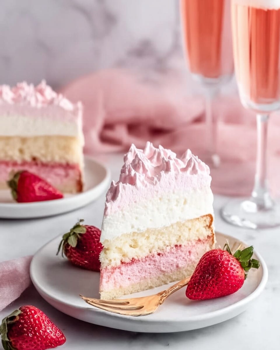 The image shows a close-up of a slice of cake on a white plate with a fork next to it, set on a white marbled surface. The cake has three layers: a light pink sponge base at the bottom, a thick creamy white middle layer, and a layer of pink whipped cream with soft peaks on top. Next to the cake slice, there are two fresh strawberries with green leaves. In the background, there is another slice of the same cake on a white plate and two tall glasses filled with a pink drink. A soft pink cloth is draped behind the cake, adding a gentle touch of color. Photo taken with an iphone --ar 4:5 --v 7