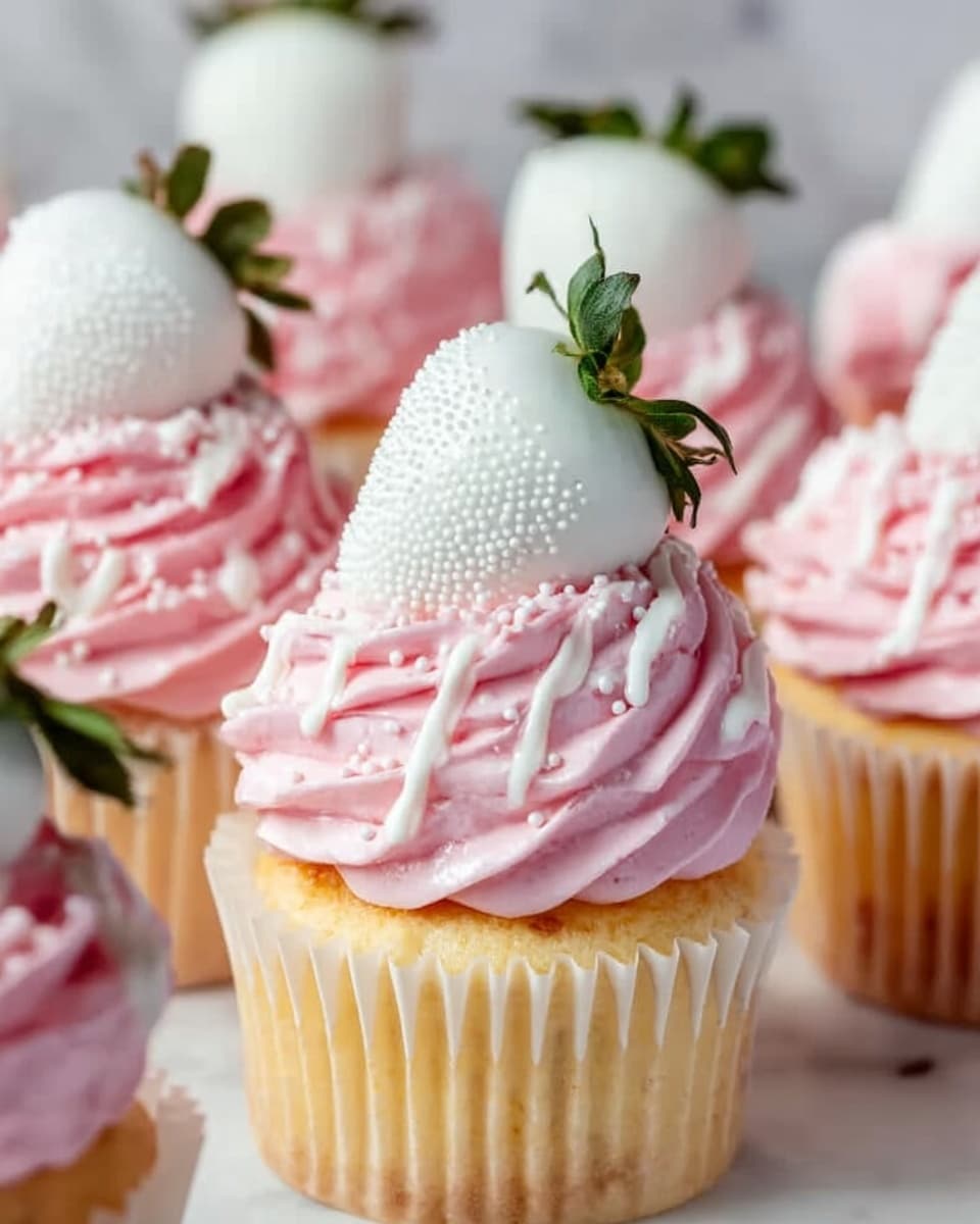 The image shows a group of cupcakes, each with a yellow cake base wrapped in a white paper liner. On top of each cupcake is a thick swirl of smooth, light pink frosting, decorated with white drizzle. Each cupcake is topped with a large white strawberry covered in tiny white sprinkles, with green leaves still attached. The cupcakes are placed on a white marbled surface, and the focus is on the front cupcake with others softly blurred behind it. photo taken with an iphone --ar 4:5 --v 7
