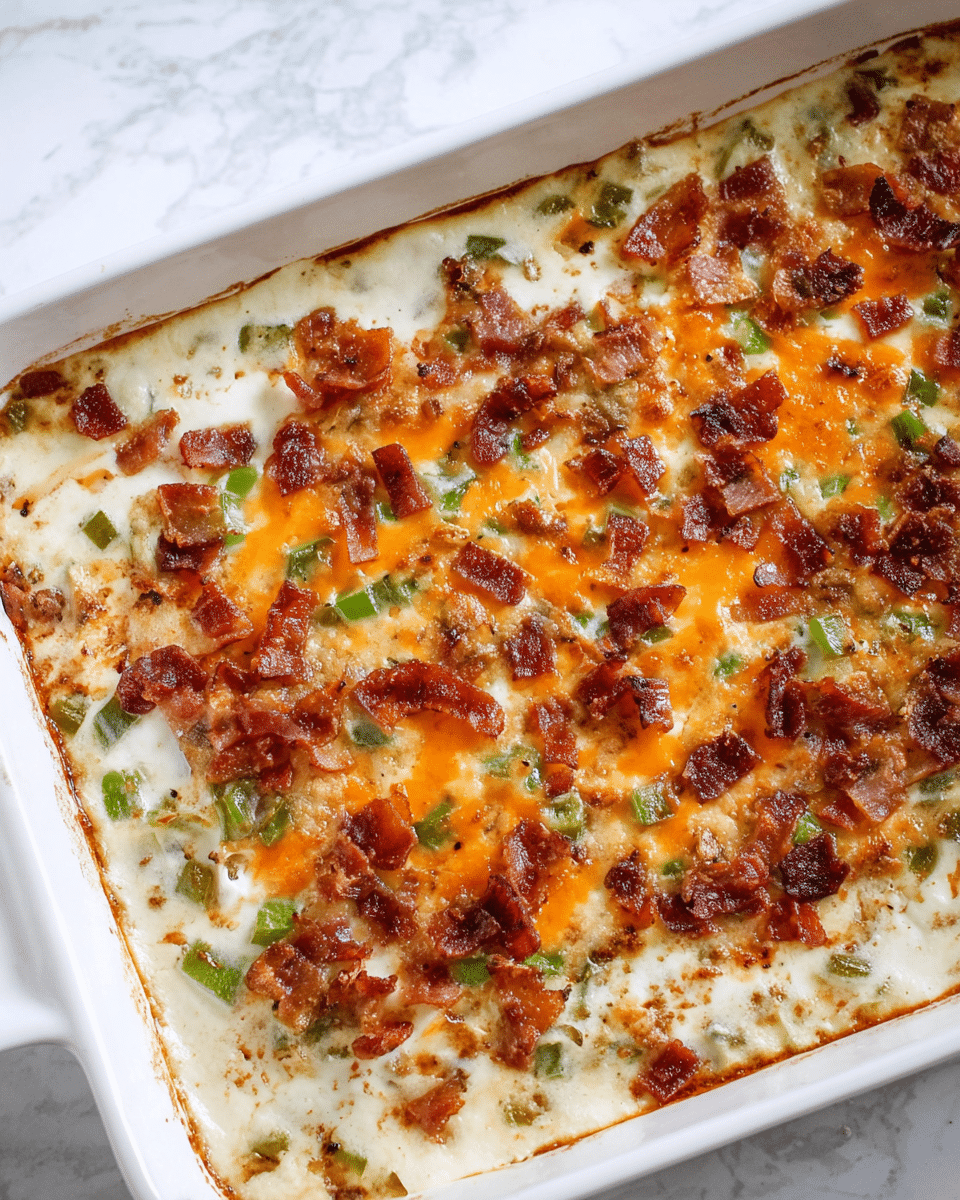 A baked casserole in a white rectangular dish with a creamy white base layer that is rich and slightly bubbling at the edges. On top, there is a mixture of melted orange cheddar cheese and crispy brown bacon pieces scattered evenly. Small chunks of cooked green bell peppers are mixed in, adding green color and texture under the cheese and bacon. The edges of the dish show baked cream bubbling with some browned spots, highlighting the creamy and cheesy textures. The dish is set on a white marbled surface. photo taken with an iphone --ar 4:5 --v 7