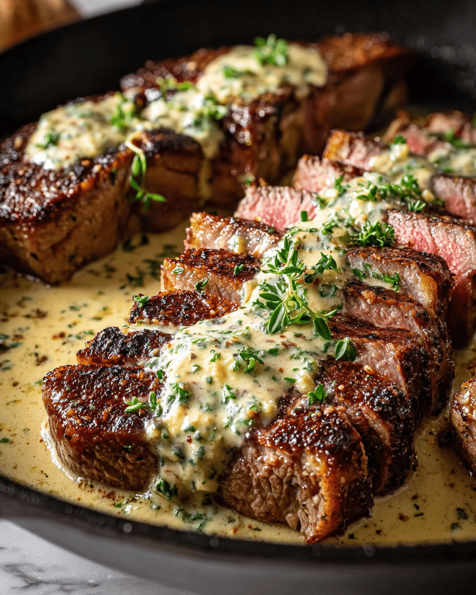 A close-up view of a thick steak sliced into pieces with a browned, crispy outside and a pink, juicy inside. Each slice is topped with a creamy, herb-speckled butter sauce melting slowly over the grilled meat. The steak rests in a shallow pool of the same creamy sauce inside a black pan, showing textures of char marks on the meat and smooth liquid sauce around it. Fresh green herbs are sprinkled on top, adding a touch of color and freshness to the rich dish. The background has a white marbled texture showing the edge of the pan and some blurred details. photo taken with an iphone --ar 4:5 --v 7