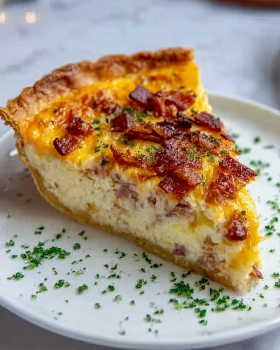 A single slice of quiche sitting on a white plate with small green herb pieces scattered around the edge. The quiche has three visible layers: a light brown crust on the bottom, a thick pale yellow egg filling with bits of cooked ham inside, and a top layer covered with melted cheese that is golden yellow and slightly browned in spots. Small pieces of crispy reddish-brown bacon are spread on top of the cheese. The plate is placed on a white marbled surface. photo taken with an iphone --ar 4:5 --v 7