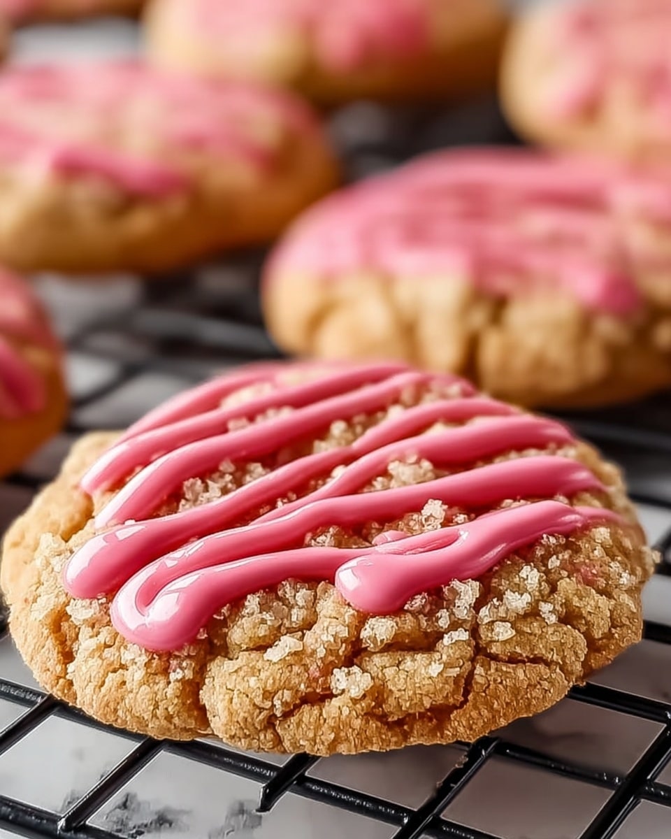 The image shows close-up round cookies with a crumbly, light beige textured base covered by streusel-like crumbs. Each cookie is topped with thick, smooth ribbons of bright pink icing drizzled across the surface in a loose zigzag pattern. The cookies sit on a black wire rack, with the focus on one cookie in the foreground and more cookies softly blurred in the background. The overall look is soft and inviting, with rich contrasts between the crumbly texture and glossy icing. The background features a white marbled texture. Photo taken with an iphone --ar 4:5 --v 7
