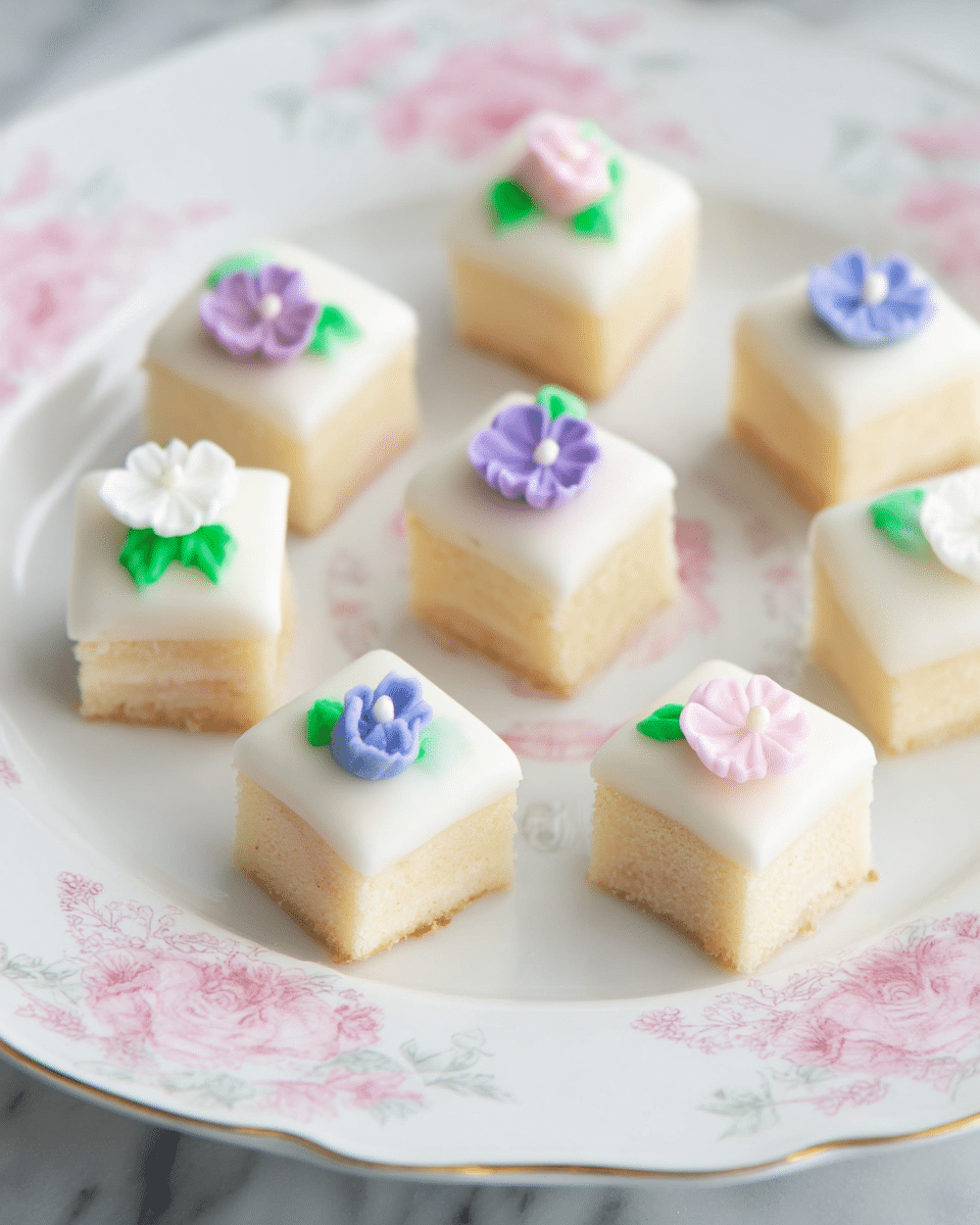 The image shows nine small square petit fours arranged in three rows on a white plate with soft pink floral patterns along the edges. Each petit four has three layers: a light beige base layer with a soft, slightly crumbly texture, a smooth white icing layer on top, and a small, colorful flower decoration in pink, purple, blue, or white with green leaves placed in the center of each icing layer. The plate rests on a white marbled texture surface. photo taken with an iphone --ar 4:5 --v 7