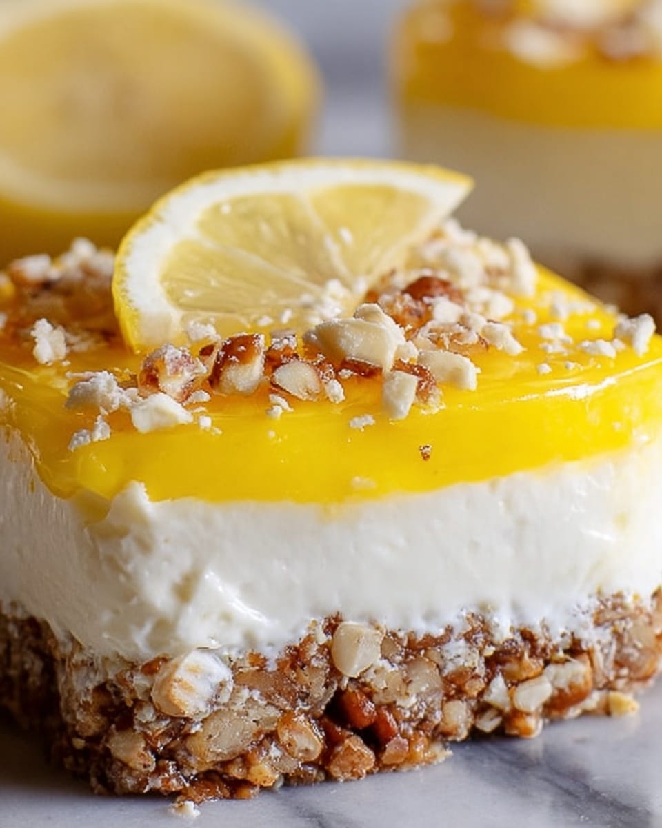 A close-up view of a layered dessert showing three clear layers; the bottom layer is a crumbly, brown nut and pretzel crust, the middle layer is thick, white and creamy, while the top layer is a smooth, bright yellow lemon glaze. The glaze is sprinkled with irregular pieces of crushed nuts and crumbs, and a fresh lemon wedge rests on top in the background. The dessert sits on a surface with a white marbled texture. photo taken with an iphone --ar 4:5 --v 7