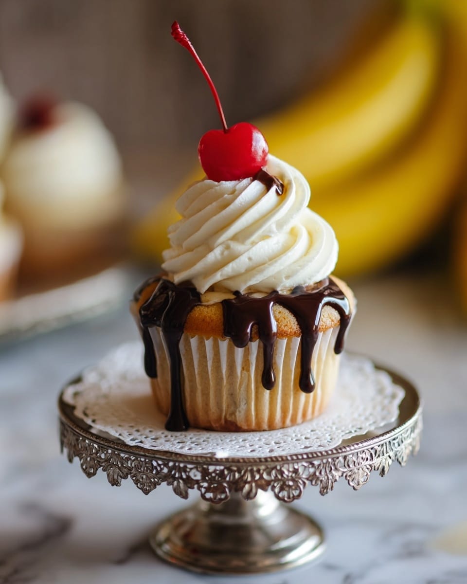 A single cupcake sits on a silver cake stand with an intricate lace-like edge, placed on a white marbled surface. The cupcake has one golden brown base layer wrapped in a white paper liner, topped with a thick swirl of smooth off-white frosting that rises in a spiral. Drizzled over the frosting is a shiny dark chocolate sauce that flows down the sides. At the very top, a bright red cherry with a long stem adds a pop of color. In the softly blurred background, bananas add a touch of yellow. photo taken with an iphone --ar 4:5 --v 7