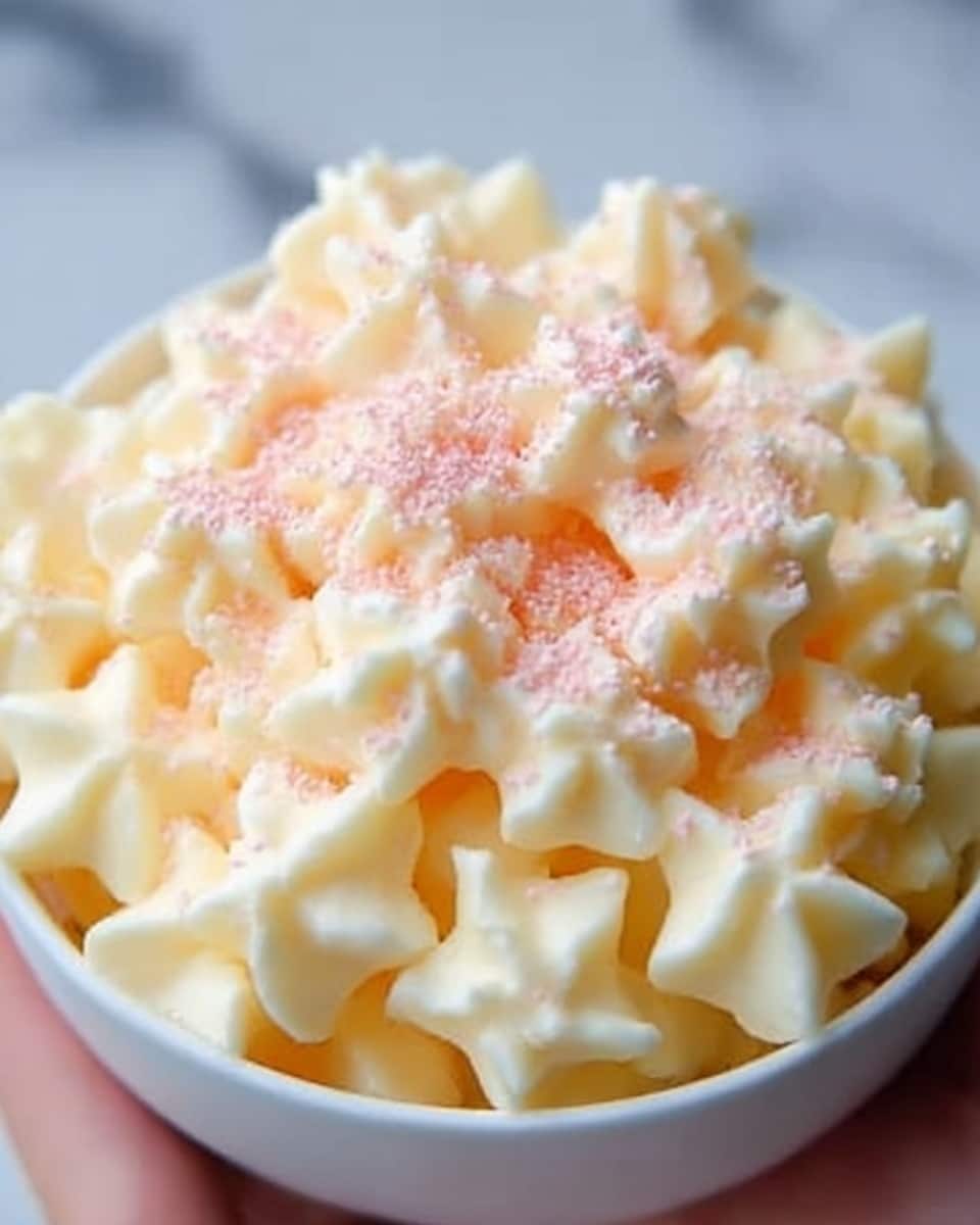 The image shows a close-up of many small star-shaped cream dollops that are light yellow in color, tightly packed together in a white bowl. On top, there is a small layer of light pink powder sprinkled gently over the cream stars, adding a soft contrast. The cream stars have a smooth and slightly shiny texture, giving a fresh, whipped appearance. The bowl sits on a white marbled surface, and a woman's hand is gently holding the bowl from the front corner. Photo taken with an iphone --ar 4:5 --v 7