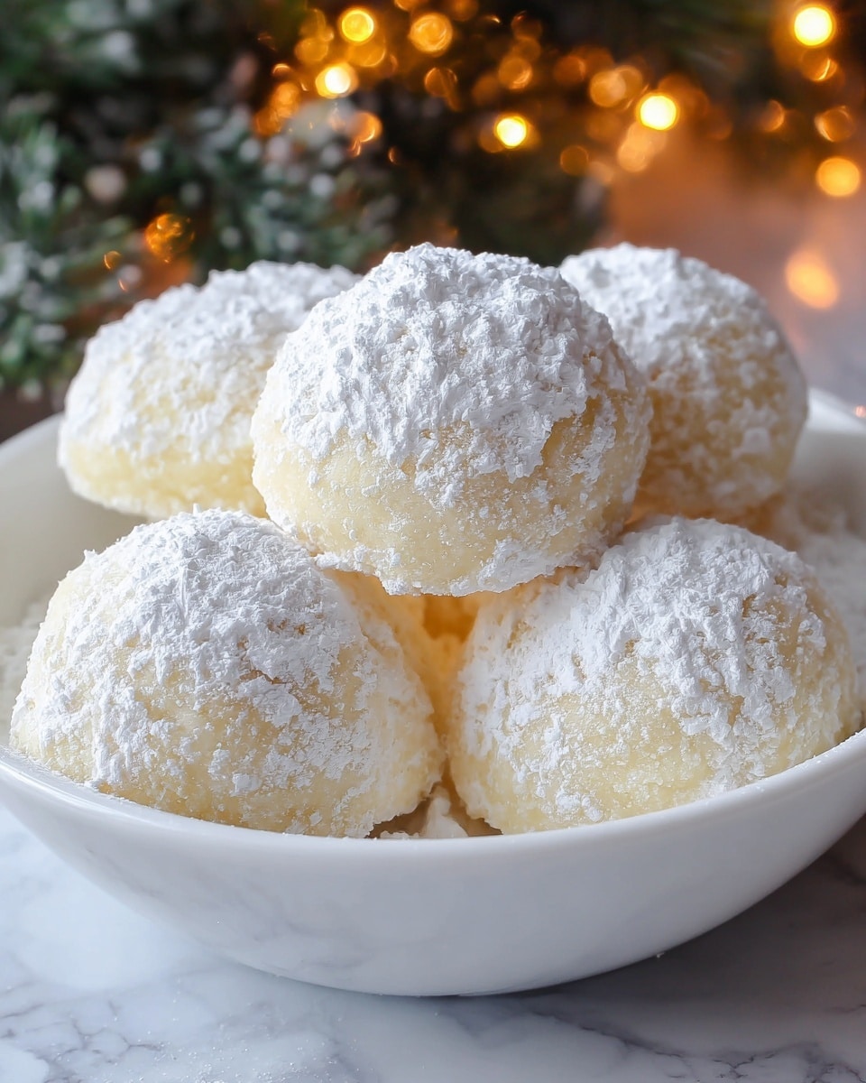 The image shows a white bowl filled with six round, snowball-like cookies. Each cookie is pale yellow in color with a soft and slightly rough texture. They are covered evenly with a thick layer of white powdered sugar, giving them a frosted and snowy look. The cookies are arranged closely together, with the top cookie slightly elevated in the center. The background is a soft focus of some green foliage and warm lights. The bowl rests on a white marbled texture. photo taken with an iphone --ar 4:5 --v 7