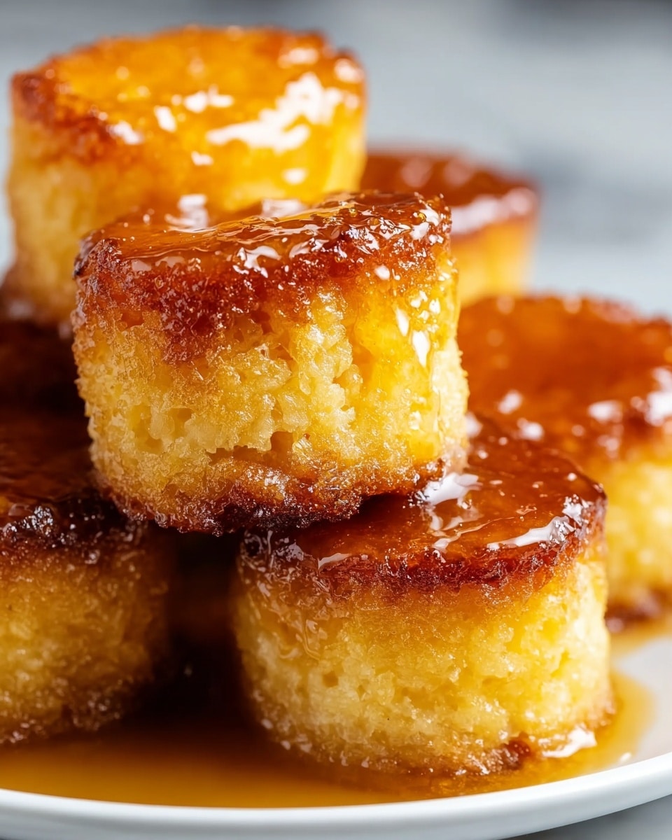 A close-up view of small, golden brown cakes stacked on a white plate. Each cake has two layers: the bottom layer is a slightly darker, crispy crust with a rough texture, while the top layer is softer, light yellow with a shiny, sticky glaze covering it entirely. The cakes look moist and have a caramel coating that glistens, dripping slightly on the sides and pooling a little on the plate. The background shows a smooth white marbled texture out of focus. photo taken with an iphone --ar 4:5 --v 7