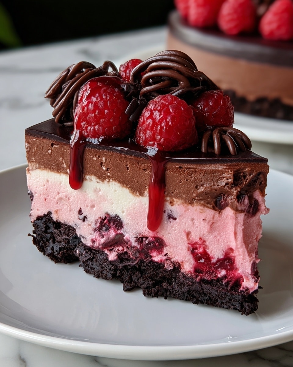 A slice of dessert with four visible layers sits on a white plate against a white marbled texture. The bottom layer is a dense, dark chocolate crust with crumbly texture. Above it is a thick, smooth dark chocolate layer with a glossy surface. The next layer is a light pink mousse mixed with small dark berry pieces, adding texture and a bit of red color. On top is a shiny dark chocolate glaze dripping slightly over the edges. The slice is decorated with fresh red raspberries and dark chocolate swirls on top, with some raspberry juice slightly dripping down the sides. photo taken with an iphone --ar 4:5 --v 7