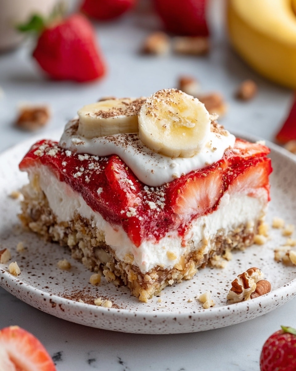 A square slice of layered dessert sits on a white speckled plate, resting on a white marbled surface. The bottom layer is a crumbly, nut-filled crust with visible chunks of banana embedded in it. Above this is a thick, creamy white layer mixed with small bits of strawberry, topped by a bright red layer of sliced strawberries arranged side by side. The strawberries are partially covered by a sprinkling of crushed nuts. On top, a dollop of white cream holds two banana slices, both with a light dusting of cocoa powder. Scattered nuts surround the plate, and blurred strawberries and bananas appear in the background. Photo taken with an iphone --ar 4:5 --v 7