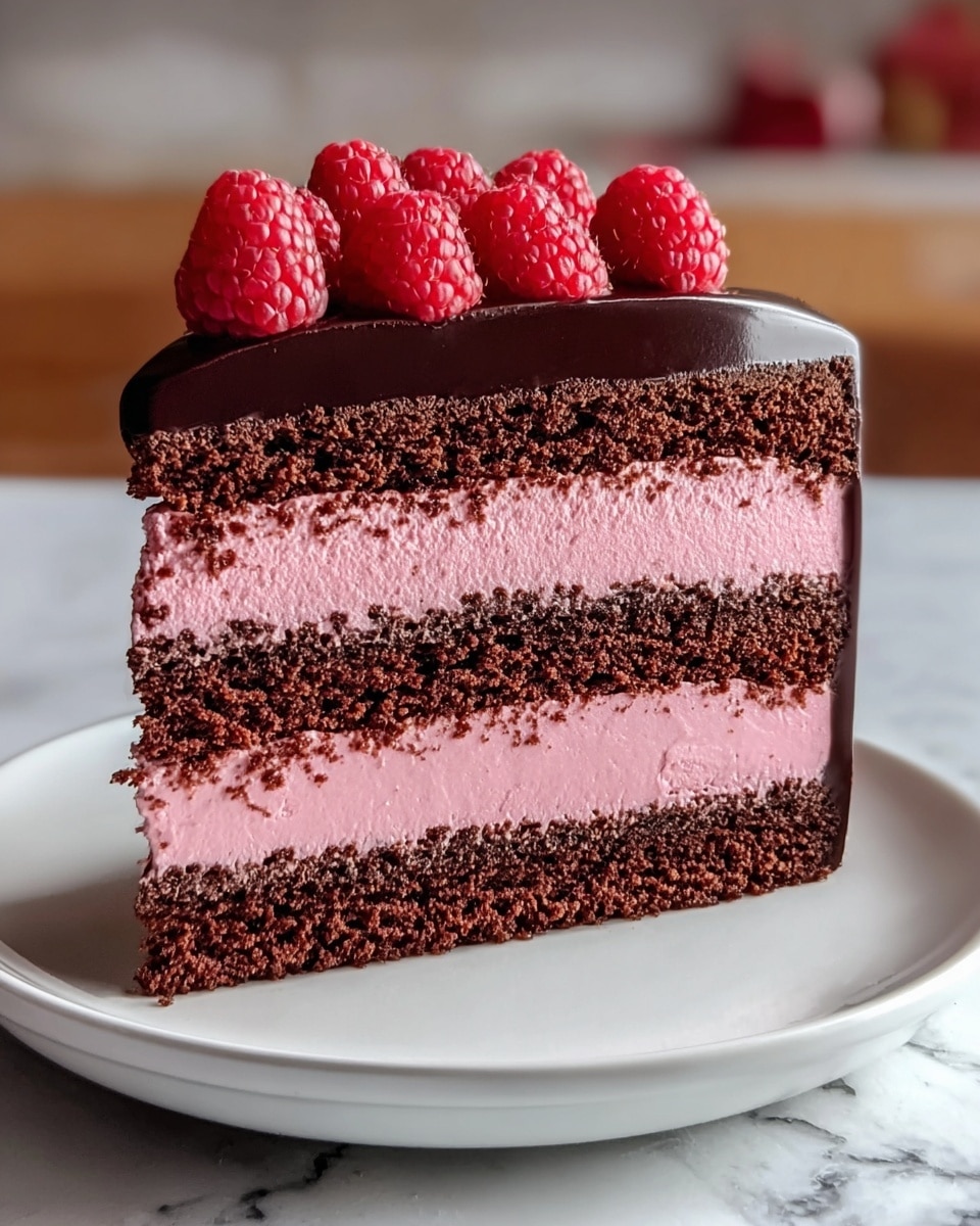 A tall slice of layered cake with four distinct layers sits on a white plate on a white marbled surface. From the bottom, the first layer is dark brown, moist chocolate cake, followed by a thick, smooth pink cream layer. Above that is another dark chocolate cake layer, then a second equal thickness of the pink cream. The top layer is shiny, dark chocolate ganache with a glossy, smooth texture. On top of this ganache, a small pile of bright red fresh raspberries adds a pop of color. The image is clean and bright with soft natural light in a kitchen background. photo taken with an iphone --ar 4:5 --v 7