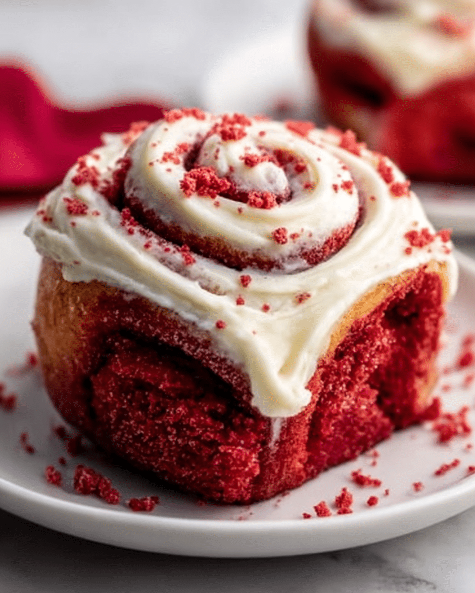 A close-up of a red velvet cinnamon roll with three visible layers: the base layer is deep red with a soft, fluffy texture; the middle layer is a swirl of smooth cream cheese frosting, thick and white; the top is edged with small red velvet crumbs sprinkled around, adding a rough texture. The cinnamon roll is on a white plate, set on a white marbled surface. Photo taken with an iphone --ar 4:5 --v 7