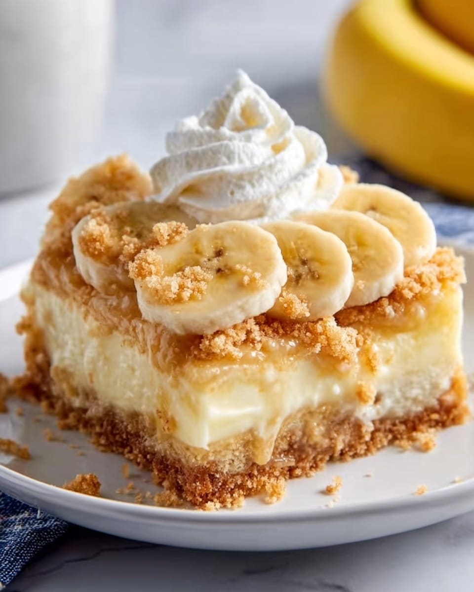 The image shows a square slice of layered banana cream dessert on a white plate, placed on a white marbled surface. The bottom layer is a light brown crumb crust that looks crumbly and firm. Above it is a smooth, pale yellow cream layer. On top of the cream are sliced bananas arranged in a single layer, with their soft yellow color and round shape visible. Over the bananas is a darker, crumbly layer that looks like crushed cookies or nuts. Finally, a dollop of white whipped cream tops the dessert, soft and fluffy with a slight peak. Photo taken with an iphone --ar 4:5 --v 7