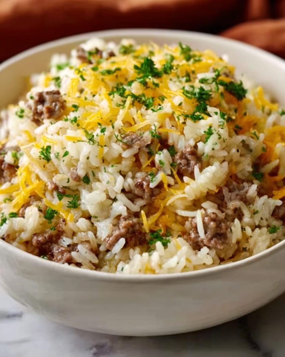 A white bowl filled with a creamy rice dish showing three main layers: the base is soft, slightly yellowish rice mixed with small browned ground meat pieces, the middle layer reveals a melted blend of white and yellow shredded cheese gently scattered, topped with finely chopped green herbs adding a fresh touch. The colors mix warm beige, brown, white, yellow, and green, with the bowl placed on a white marbled surface, giving a cozy and inviting feeling. photo taken with an iphone --ar 4:5 --v 7