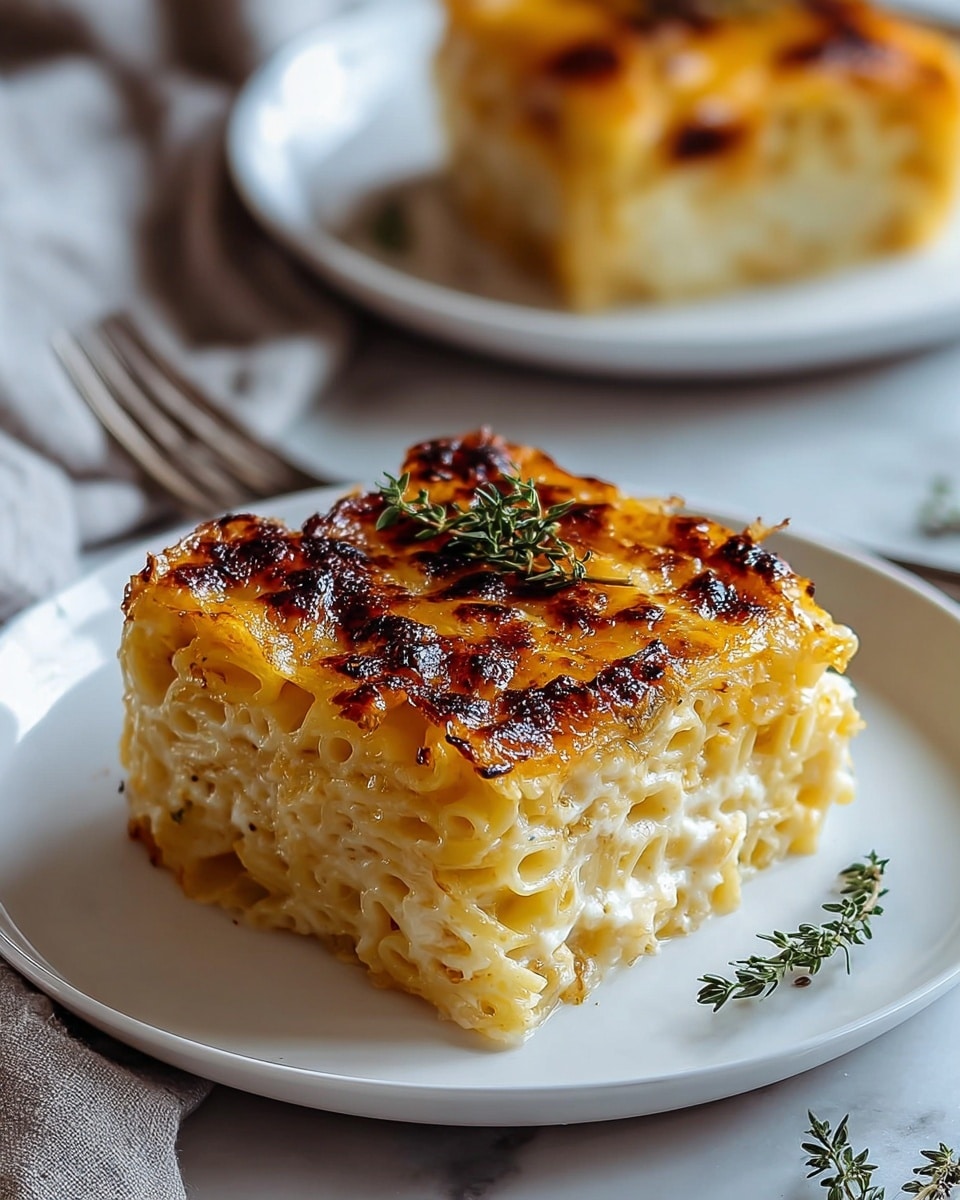 A square piece of baked pasta sits on a white plate, showing three visible layers: a bottom layer of soft, light yellow pasta, a middle layer of creamy, slightly melted cheese mixed with pasta, and a thick, golden-brown top layer with a crispy, caramelized texture and dark toasted spots. A small sprig of fresh green herb lies on top as decoration. Another plate with a similar pasta piece is blurred in the background, all set on a white marbled surface with a soft, light gray cloth and silver fork nearby. Photo taken with an iphone --ar 4:5 --v 7