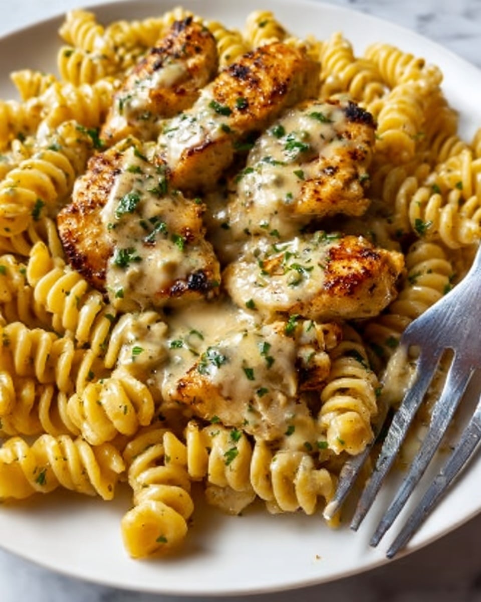 The image shows a close-up of a white plate filled with spiral pasta cooked to a golden yellow color. On top of the pasta are several pieces of grilled chicken with a light brown, slightly charred surface, giving them a textured and crispy look. The chicken is covered with a smooth, creamy sauce that has a pale beige color. Fresh, finely chopped green herbs are sprinkled over the chicken and sauce, adding a touch of color. A silver fork rests on the right edge of the plate, partially touching the pasta. The background is a white marbled texture. Photo taken with an iphone --ar 4:5 --v 7