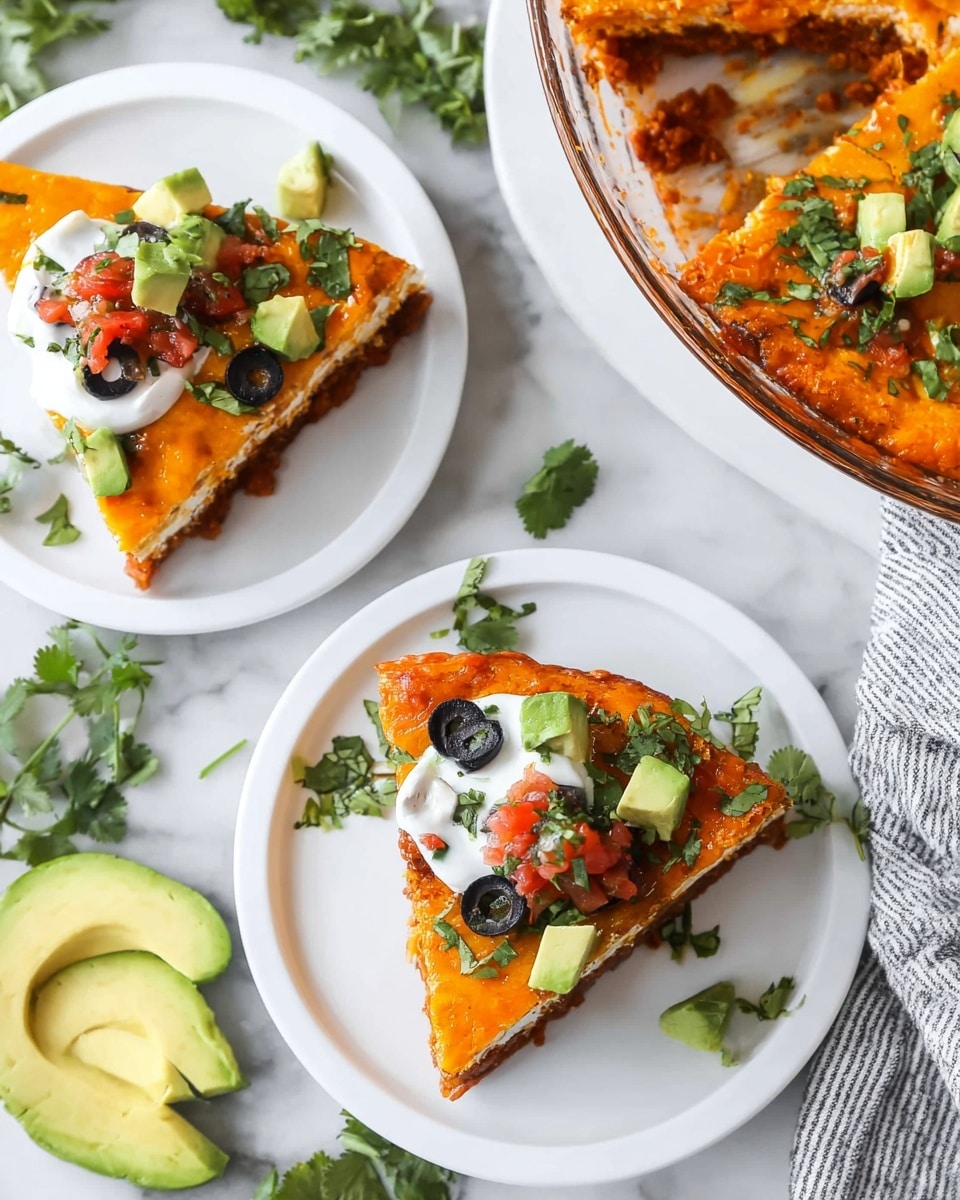 Two white plates each hold one triangular slice of a three-layered dish. The bottom layer is dark with a crumbly texture, the middle layer looks creamy with a mix of colors, and the top layer is smooth and bright orange. The first slice is topped with chopped light green avocado chunks, red salsa, and some green leaves. The second slice is covered with black olive rings, light green avocado chunks, a dollop of white sour cream, and sprinkled green leaves. Around the plates are slices of avocado and green leafy herbs on a white marbled surface. A large dish filled with the same orange-topped dish is partly visible in the upper right corner. photo taken with an iphone --ar 4:5 --v 7
