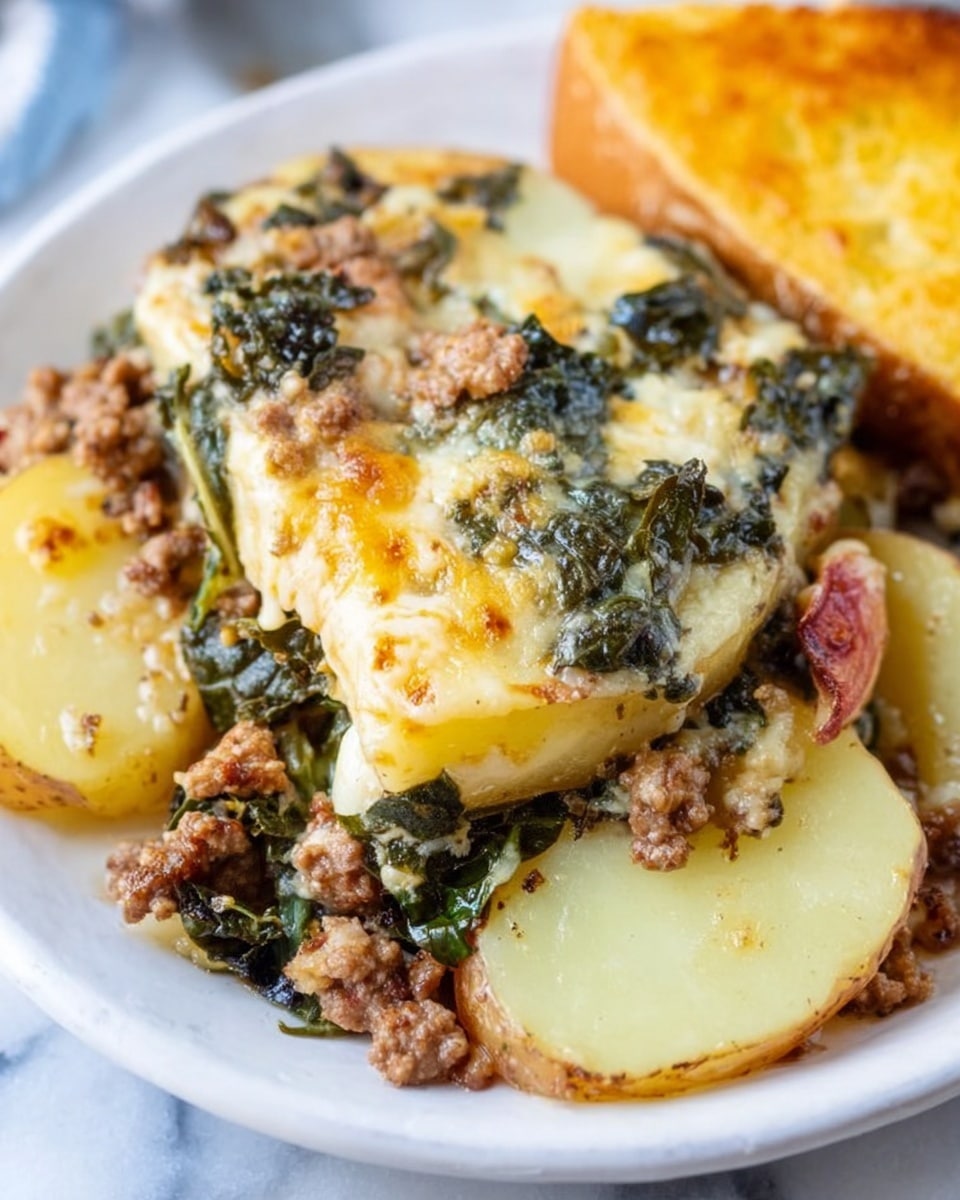 A close-up view of a white plate filled with a layered baked potato dish. The bottom layer shows thick slices of pale yellow potatoes with soft textures and some browning on the edges. Above the potatoes, there is a layer of cooked ground meat with a crumbly texture and brown color, mixed with bits of onion. Another layer consists of dark green cooked kale, slightly wilted with a wrinkled texture. The top layer is covered with melted cheese, golden brown and bubbly in spots, melting over the other ingredients. A piece of golden brown bread is faintly visible on the side of the plate. The plate sits on a white marbled surface. photo taken with an iphone --ar 4:5 --v 7