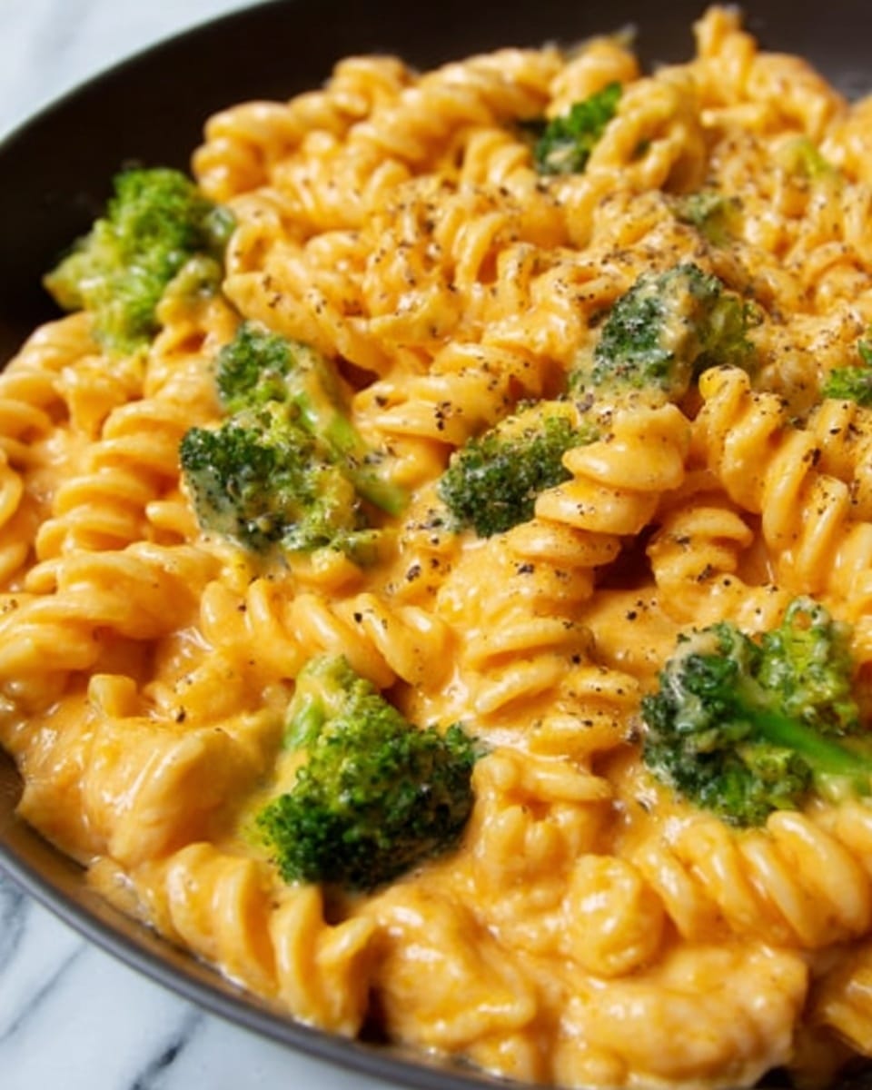 The image shows a close-up of a creamy pasta dish with spiral-shaped noodles coated in a thick, smooth, bright orange sauce. Small pieces of broccoli with a deep green color are scattered throughout the pasta, adding contrast. The sauce looks rich and glossy, covering every pasta twist evenly. There is a sprinkle of black pepper on top, giving a slight textured touch. The whole dish appears warm and inviting, with a soft yet vibrant color mix. The background features a white marbled texture. photo taken with an iphone --ar 4:5 --v 7