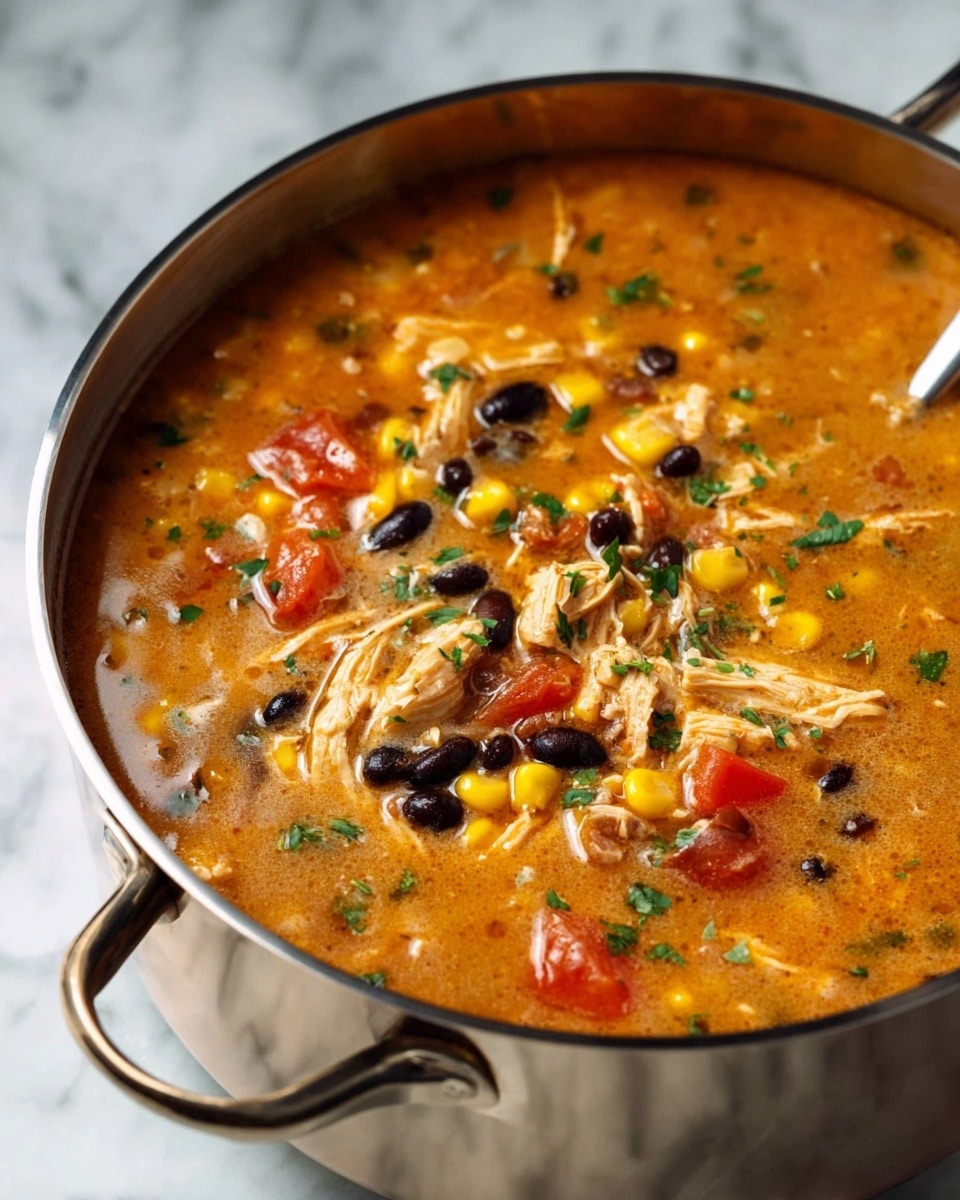 A close-up view of a shiny metal pot filled with a thick soup that has a light orange-brown broth. Floating inside are pieces of shredded light brown chicken, bright yellow corn kernels, black beans, and red tomato chunks. Small green herb bits are sprinkled on top. The pot is set on a white marbled texture surface. photo taken with an iphone --ar 4:5 --v 7