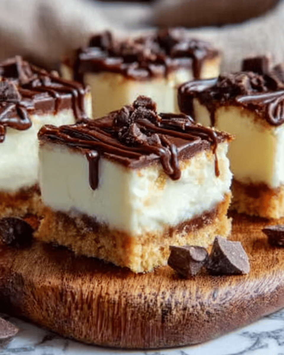 The image shows a close-up of three square dessert bars placed on a rustic wooden board. Each bar has three clear layers: a bottom layer of crumbly, golden brown crust, a thick middle layer of smooth, creamy white filling, and a top layer of glossy dark chocolate carefully drizzled, with some chocolate chips scattered around. The edges of the dessert bars are clean, showing the contrast between the textured crust and the soft filling. The wooden board contrasts nicely against the white marbled surface in the background, creating a warm and inviting look. photo taken with an iphone --ar 4:5 --v 7