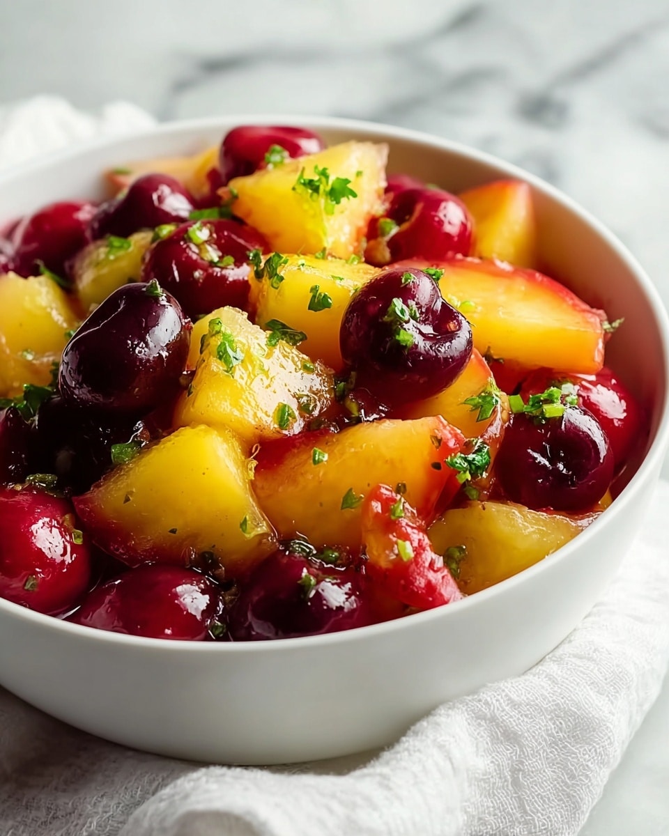 A white bowl filled with a colorful fruit salad sits on a white marbled surface. The salad has two main layers: large chunks of yellow peaches and whole dark red cherries, mixed with small bits of bright green herbs scattered evenly on top. The fruits shine with a glossy juice coating, creating a fresh and juicy look. The bowl rests on a soft white fabric partially visible at the bottom. Photo taken with an iphone --ar 4:5 --v 7