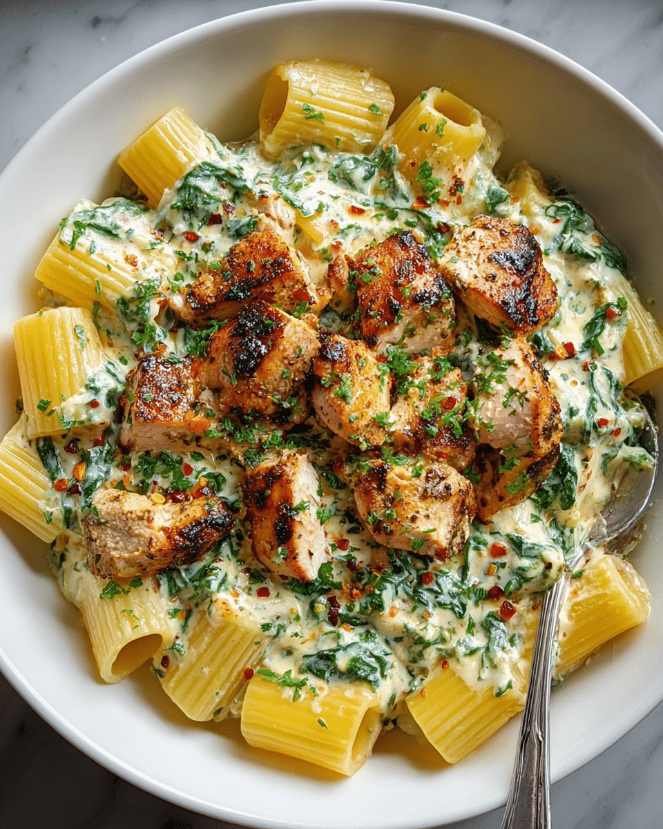 A white bowl holds a creamy pasta dish with two main layers: the bottom layer is rigatoni pasta with a yellow color and a smooth texture, coated evenly in a white creamy sauce mixed with green herbs and spinach leaves. On top are chunks of grilled chicken, golden brown with darker char marks giving a crispy look, scattered across the pasta. The whole dish is sprinkled with finely chopped green herbs and small red chili flakes, adding color contrast. A silver fork rests on the right side inside the bowl. The bowl sits on a white marbled surface. photo taken with an iphone --ar 4:5 --v 7