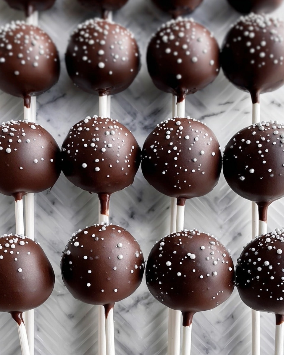 The image shows a group of round cake pops covered in smooth, dark chocolate. Each cake pop is on a white stick, arranged in neat rows on a white marbled surface with a subtle chevron pattern. The dark chocolate coating is glossy with small, round white sprinkles scattered evenly over each cake pop. The shapes are uniform, with slight chocolate drips near where the cake pops meet the sticks, adding texture and depth. The overall look is clean and polished with a simple, elegant contrast between the dark chocolate and white details. photo taken with an iphone --ar 4:5 --v 7