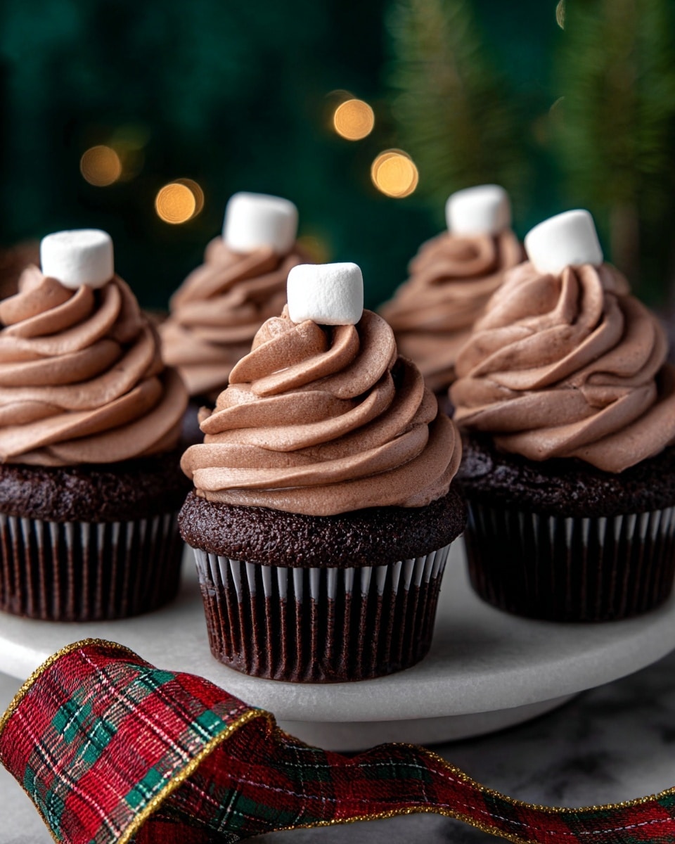 The image shows five rich chocolate cupcakes arranged on a white plate, each topped with a thick swirl of creamy, light brown chocolate frosting. On top of each frosting swirl sits a small white marshmallow, adding a soft contrast. The cupcakes have a dark, almost black base with a chocolate paper liner, giving them a dense texture. In front of the cupcakes is a festive red and green plaid ribbon with gold trim that lies casually on the plate. The background features soft blurred green and warm light spots, suggesting a cozy holiday setting with the surface beneath having a white marbled texture. Photo taken with an iphone --ar 4:5 --v 7