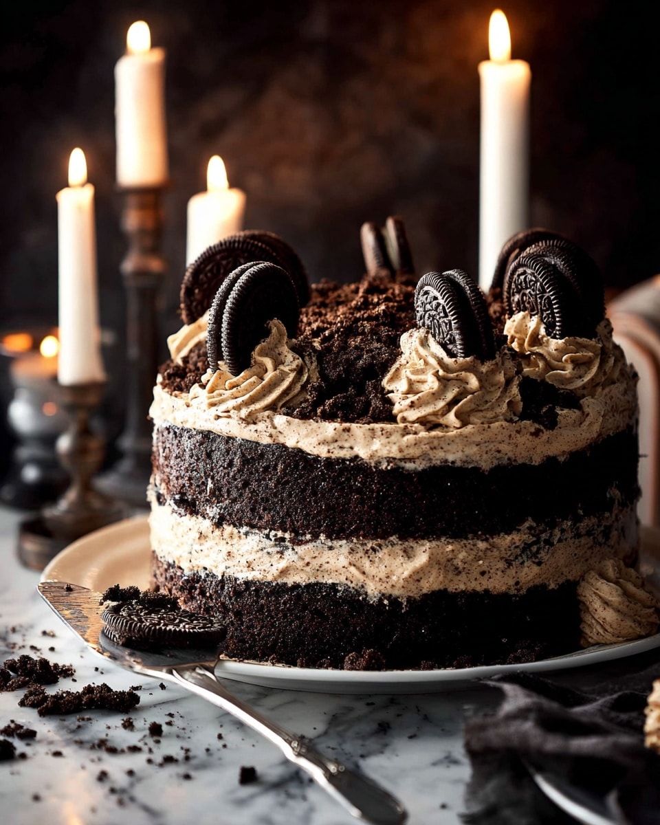 A tall, three-layer dark chocolate cake stands on a white plate, each layer separated by a thick cream filling mixed with cookie crumbs, giving a speckled light brown texture between the almost black cake layers. The top is covered with a generous layer of creamy frosting, decorated with whole chocolate sandwich cookies standing upright along the edge, and crumbled cookie pieces scattered over the frosting. A silver cake server rests in front on the plate, with crumbs around it. The background is dark and softly lit by four tall, white lit candles placed at different heights around the cake, casting a warm glow. The surface beneath the cake is a white marbled texture. photo taken with an iphone --ar 4:5 --v 7
