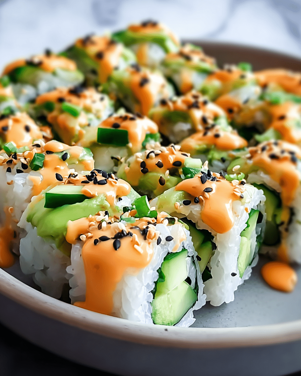 A close-up view of a bowl of sushi rolls arranged in neat rows on a white bowl, placed on a white marbled surface. Each sushi piece has a thick transparent layer of white rice on the outside, with bright green slices of cucumber running through the center. On top of each roll, there is a dollop of creamy light orange sauce, drizzled with a slightly darker orange sauce and sprinkled with small black sesame seeds. The cucumber slices peek out prominently from each roll, adding a fresh green contrast to the overall soft colors of the sushi. photo taken with an iphone --ar 4:5 --v 7