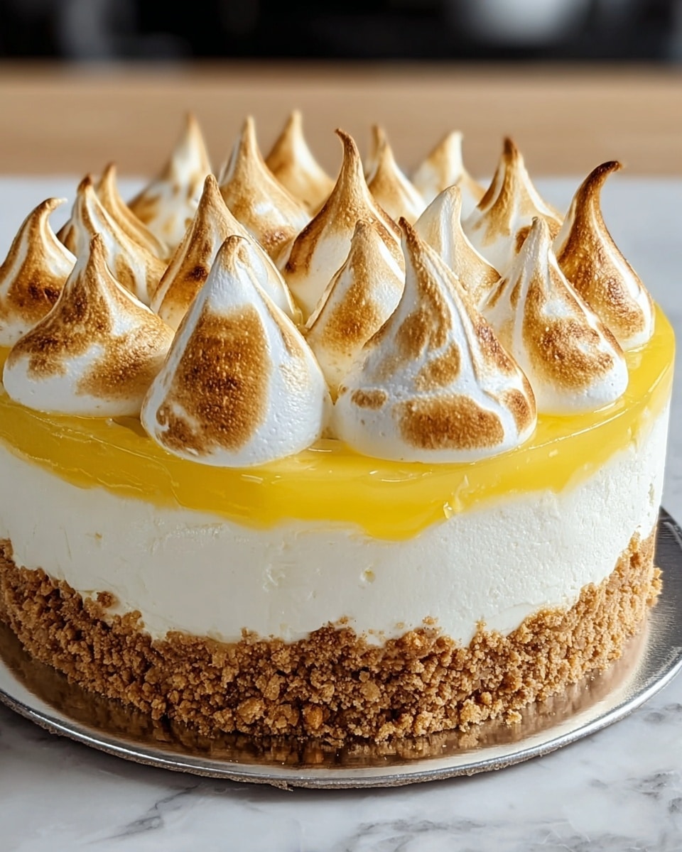 The image shows a three-layered dessert on a round silver base, placed on a white marbled surface. The bottom layer is a crumbly light brown crust, rough in texture and slightly uneven on the edges. Above it is a thick, smooth layer of white cream cheese filling with a soft but firm texture. The top layer is a glossy, vibrant yellow lemon curd that looks slightly translucent. On top of the lemon layer are dollops of white toasted meringue, each shaped into a pointed peak with warm golden brown toasted spots giving a textured, crispy look. The meringue peaks are arranged close together, covering the entire surface of the cake. photo taken with an iphone --ar 4:5 --v 7