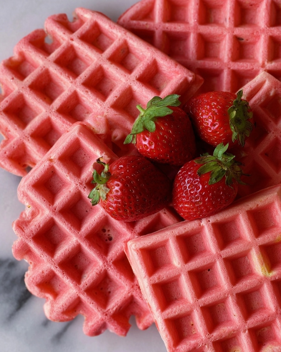 The image shows a close-up view of several bright pink waffles arranged closely together. The waffles have a soft, airy texture with a classic grid pattern. In the center of the arrangement, there are five fresh whole strawberries with bright red skin and green leaves, adding a contrasting color and smooth texture. The waffles seem to be layered in a slightly overlapping manner, creating depth. The dish is placed on a surface with a white marbled texture. photo taken with an iphone --ar 4:5 --v 7