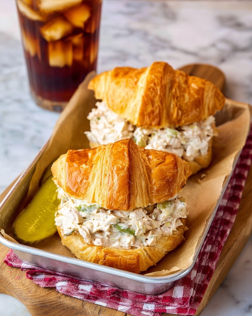 Two croissant sandwiches sit in a small metal tray lined with brown parchment paper, on top of a red and white checked cloth on a wooden board with a white marbled textured background. Each sandwich has two flaky, golden brown croissant halves as the top and bottom layers. Between the croissant layers is a thick filling made of white, creamy chicken salad with small bits of celery and herbs, slightly spilling out from the sides. A pickle slice is tucked next to the back sandwich in the tray. In the background, a glass of dark iced tea filled with ice cubes is visible. photo taken with an iphone --ar 4:5 --v 7