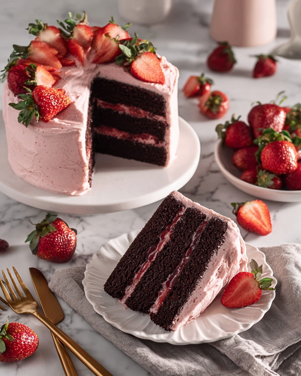 A three-layer dark chocolate cake with thick pink strawberry frosting covers the sides and top, adorned with whole fresh strawberries pressed into the frosting around the cake. A single slice is cut and placed on a white fluted plate in the foreground, showing three rich chocolate layers separated by shiny red strawberry jam and smooth pink frosting. The cake sits on a white round plate on a white marbled surface scattered with whole and halved strawberries. A set of three gold forks rests on a gray cloth napkin near the slice, with soft natural light illuminating the scene. Photo taken with an iphone --ar 4:5 --v 7