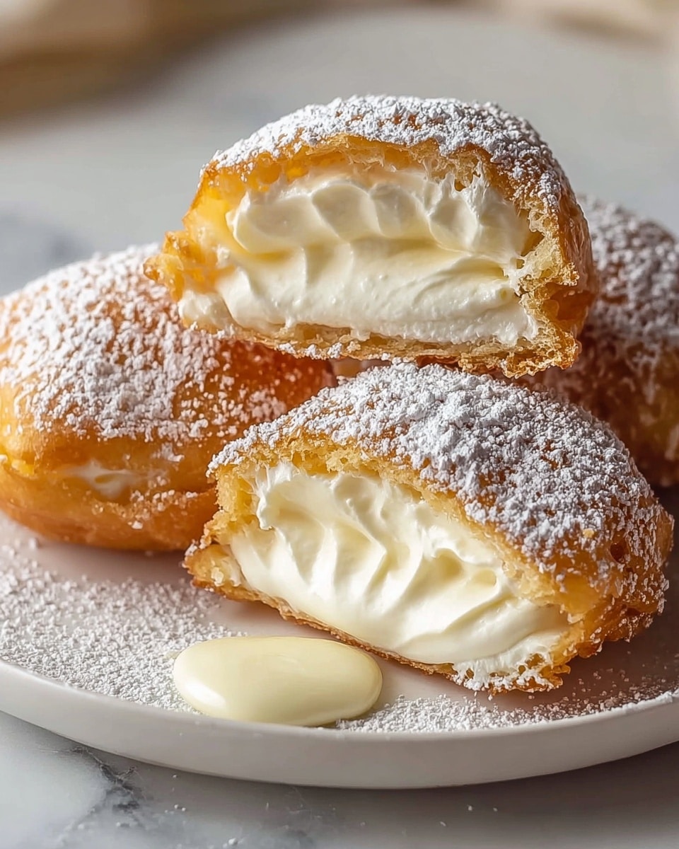A close-up view of three cream-filled pastries cut in half, showing three layers: the outer golden-brown fried dough with a slightly rough texture, the middle layer of creamy white filling that is smooth and thick, and the top dusting of white powdered sugar that looks light and fine, scattered on the pastries and the white plate beneath them. There is a small drop of cream spilled on the plate. The plate is white and placed on a white marbled texture background. Photo taken with an iphone --ar 4:5 --v 7