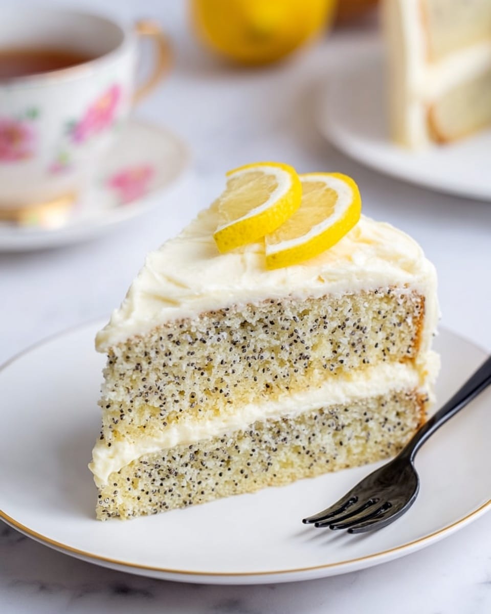 A two-layer round lemon poppy seed cake slice sits on a white plate with a thin gold rim, placed on a white marbled surface. The cake layers are light beige with visible small black poppy seeds speckled inside, and between and on top of the cake is a smooth, creamy white frosting layer. Two small lemon wedge slices rest on top, each placed near the edge of the frosting. In the background, a matching white plate and a teacup with pink flower patterns are softly blurred. A black fork lies next to the plate. Photo taken with an iphone --ar 4:5 --v 7